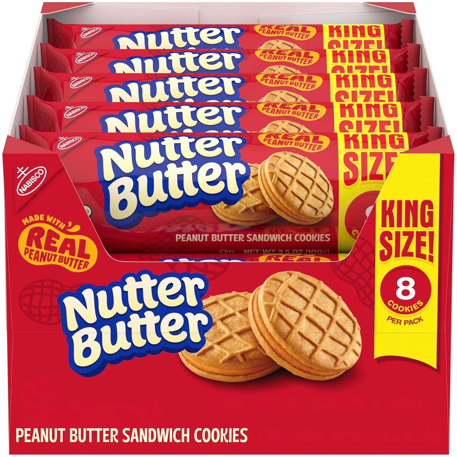 NUTTER BUTTER Peanut Butter Sandwich Cookies, King Size, 10-3.5 oz Snack Packs