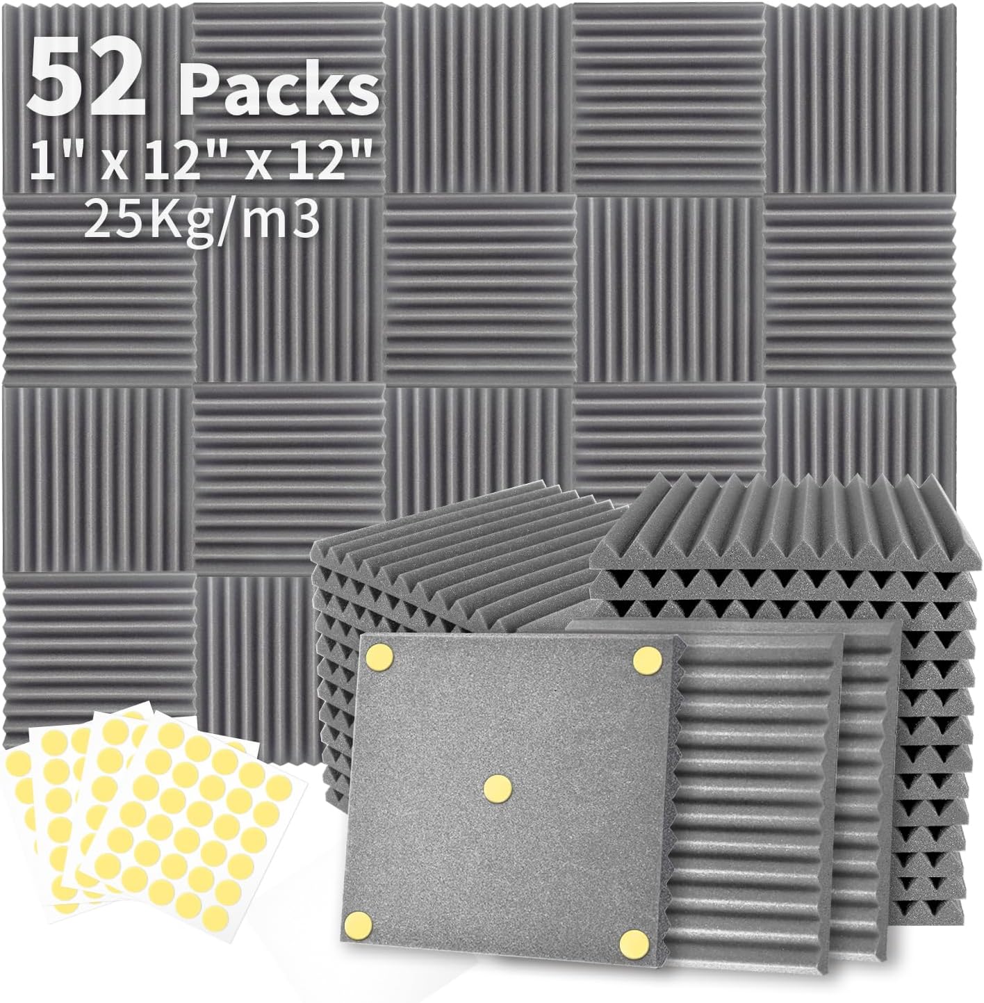 Focusound 52 Pack Grey Acoustic Foam Panels 1" x 12" x 12" Sound Proof Foam Panles Soundproofing Noise Cancelling Wedge Panels for Home Office Recoding Studio with 300PCS Double-Side Adhesive