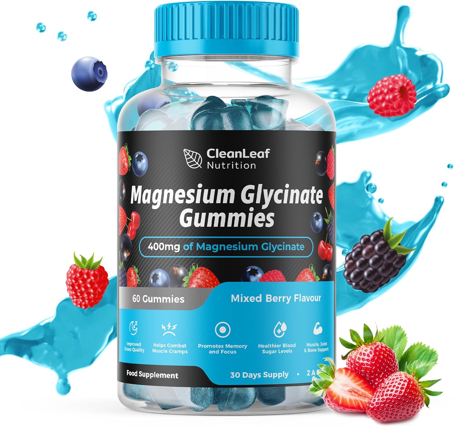 Magnesium Glycinate Gummies - 400mg High Absorption Formula for Sleep, Stress Relief & Muscle Health - Mixed Berry Flavor, Non-GMO, 30-Day Supply for Adults