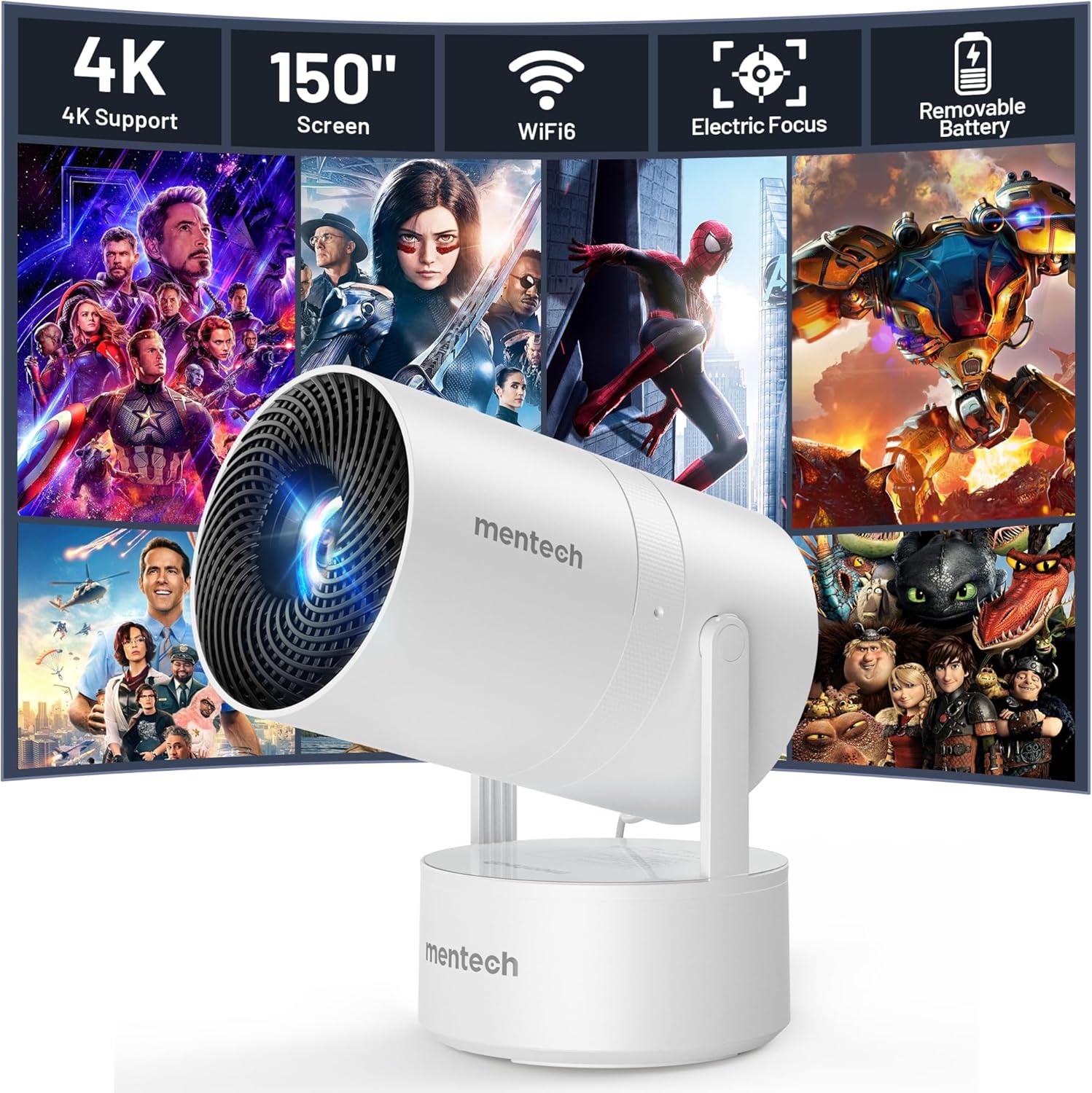 Mini Projector with WiFi & Bluetooth, Auto Keystone & Electric Focus, 270° Rotation Rechargeable Portable Outdoor Projector, Native 1080P 4K Supported for Home Theater & Camping