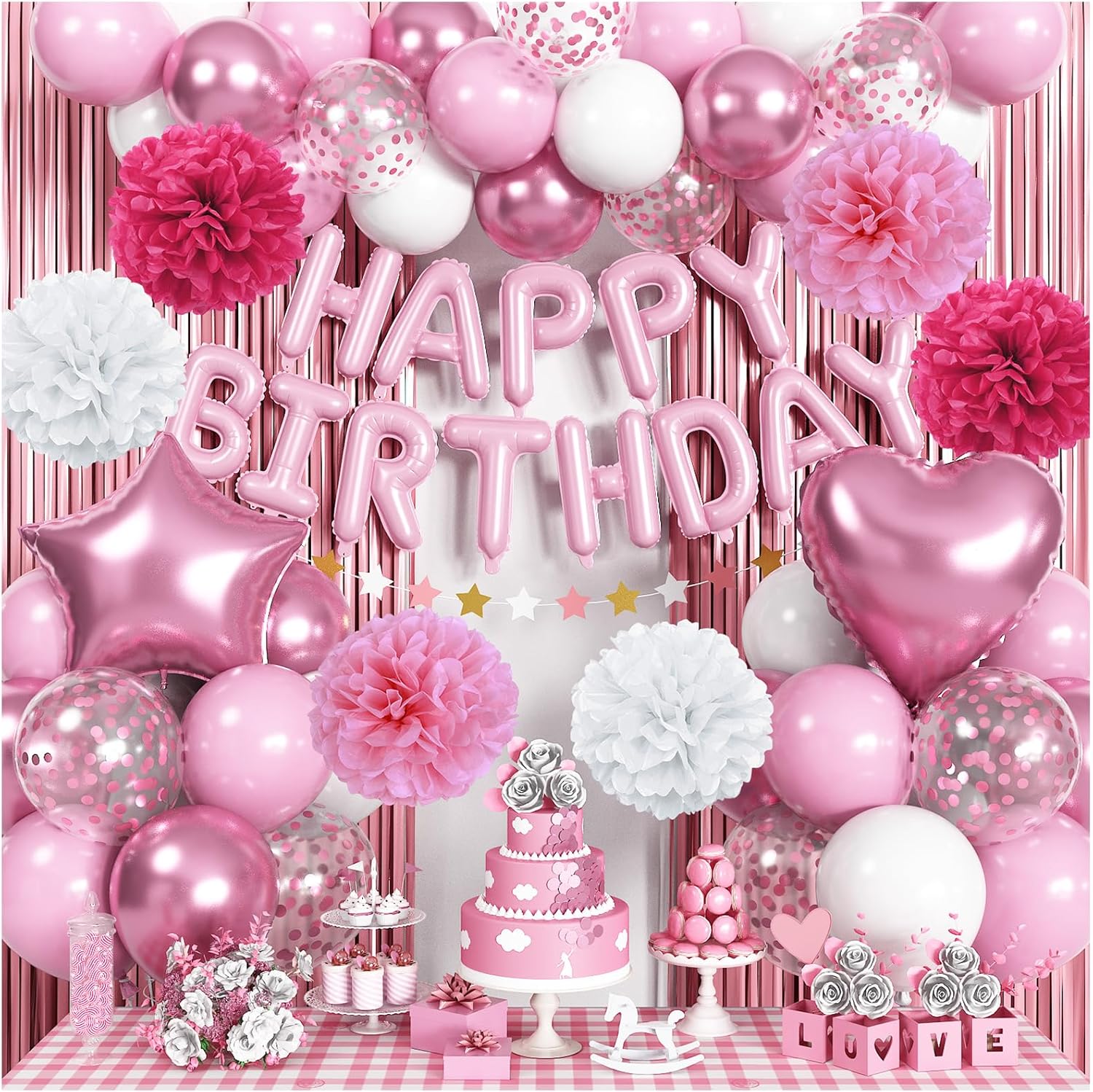 Pink Birthday Decorations for Girls, Pink White Party Balloons Happy Birthday Banner Balloon Star Heart Foil Balloon Fringe Curtain Paper Pompom for Women Bday Party Supplies