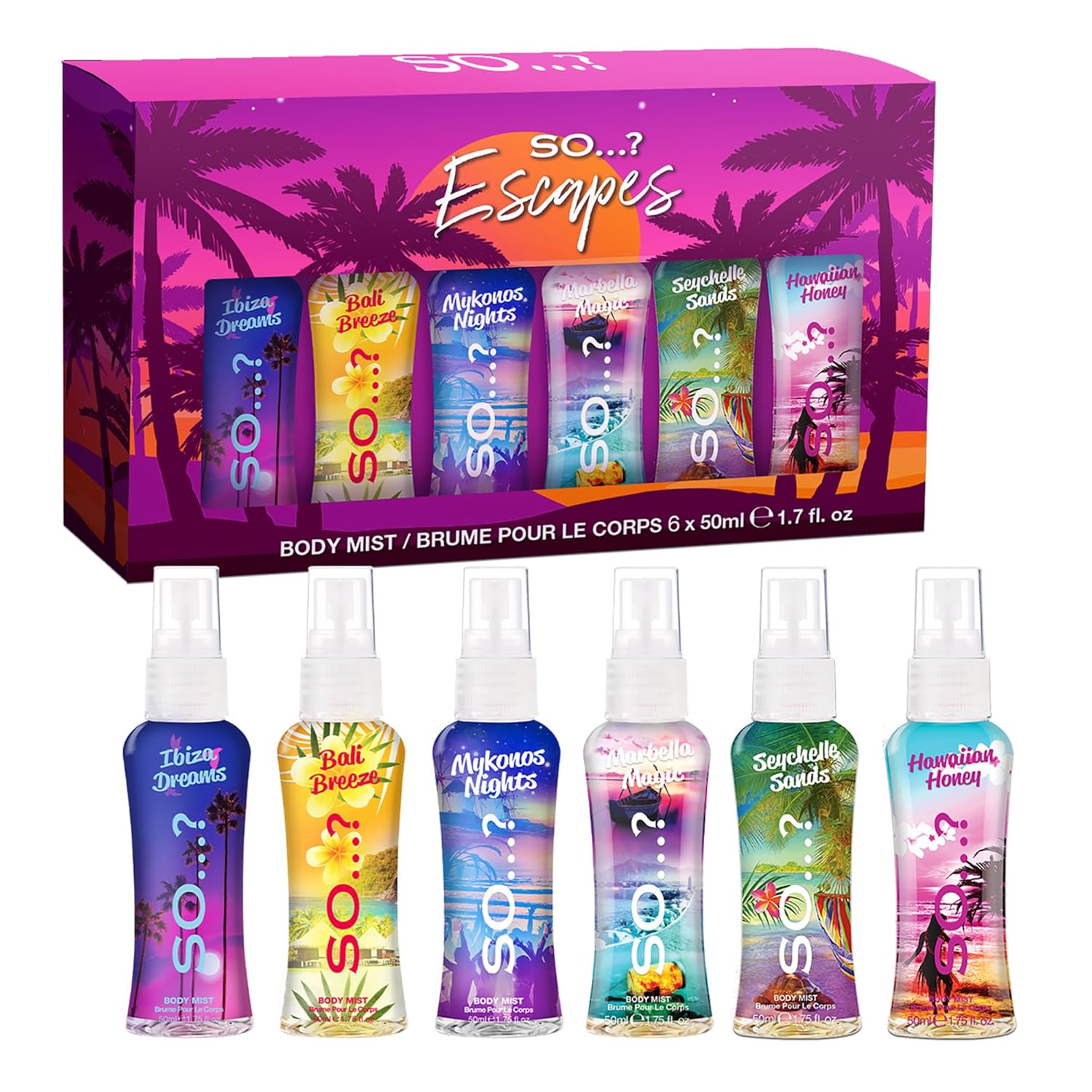 So…?...? Escapes Body Mist Set - Perfumes for Women - Everyday Body Spray for Women - Vegan, Cruelty Free Fragrances - Travel Size Gift Set - 6 pcs