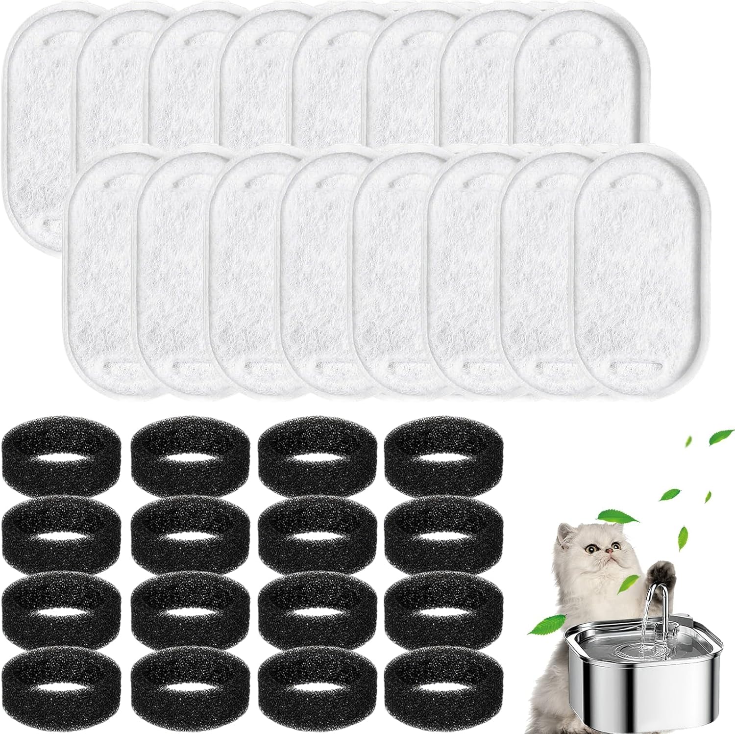 32PCS Cat Fountain Filters,16Pcs Activated Carbon Filter and 16Pcs Foam Filter, Pet Water Fountain Filters, for 3.2L,2L Cat Water Fountains, Feeding & Watering Supplies for Cats