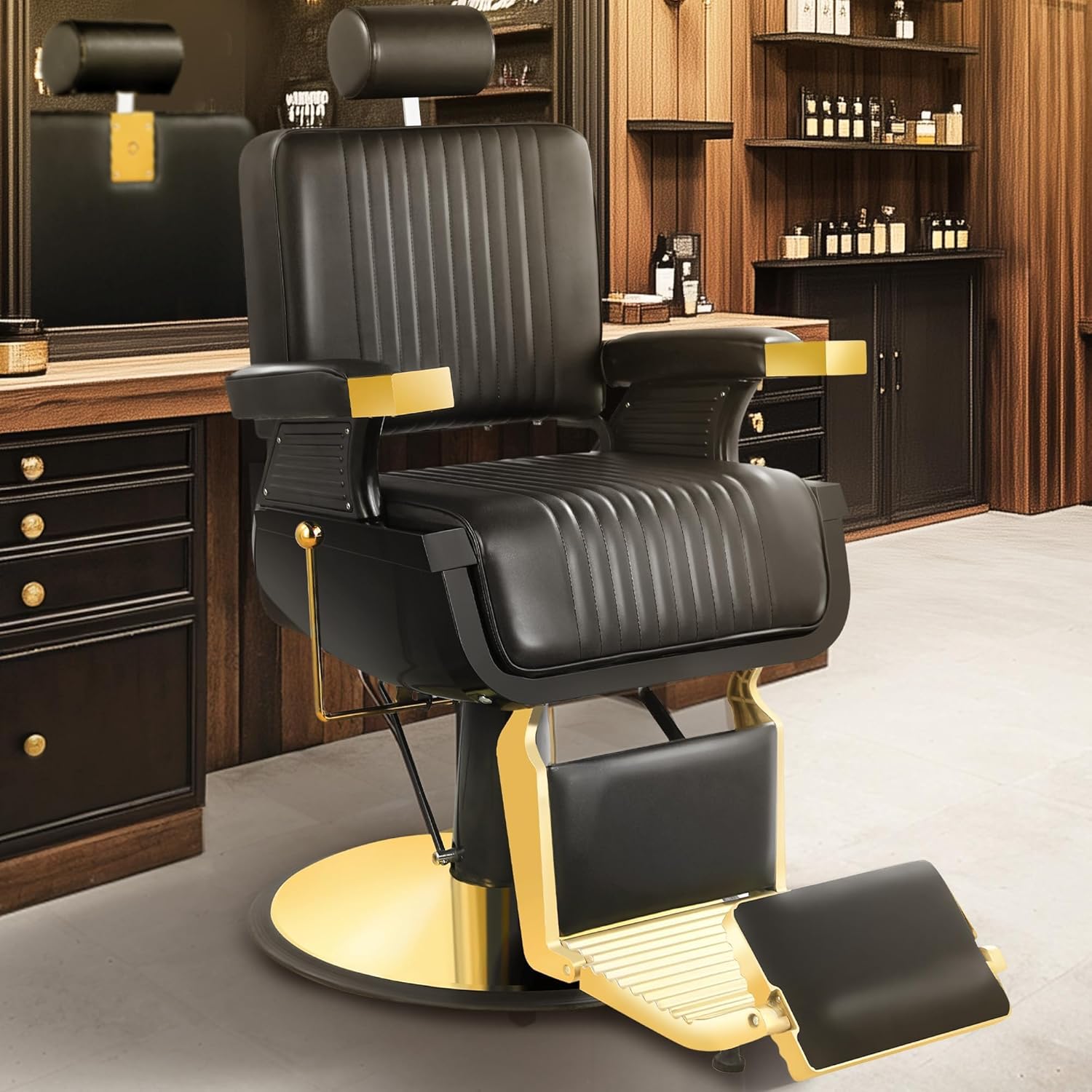 Black Gold Barber Chair, Reclining Salon Chair Hair Stylist, Barber Chairs for Barbershop Supports up to 500lbs, Professional Salon Beauty Spa Shampoo Equipment