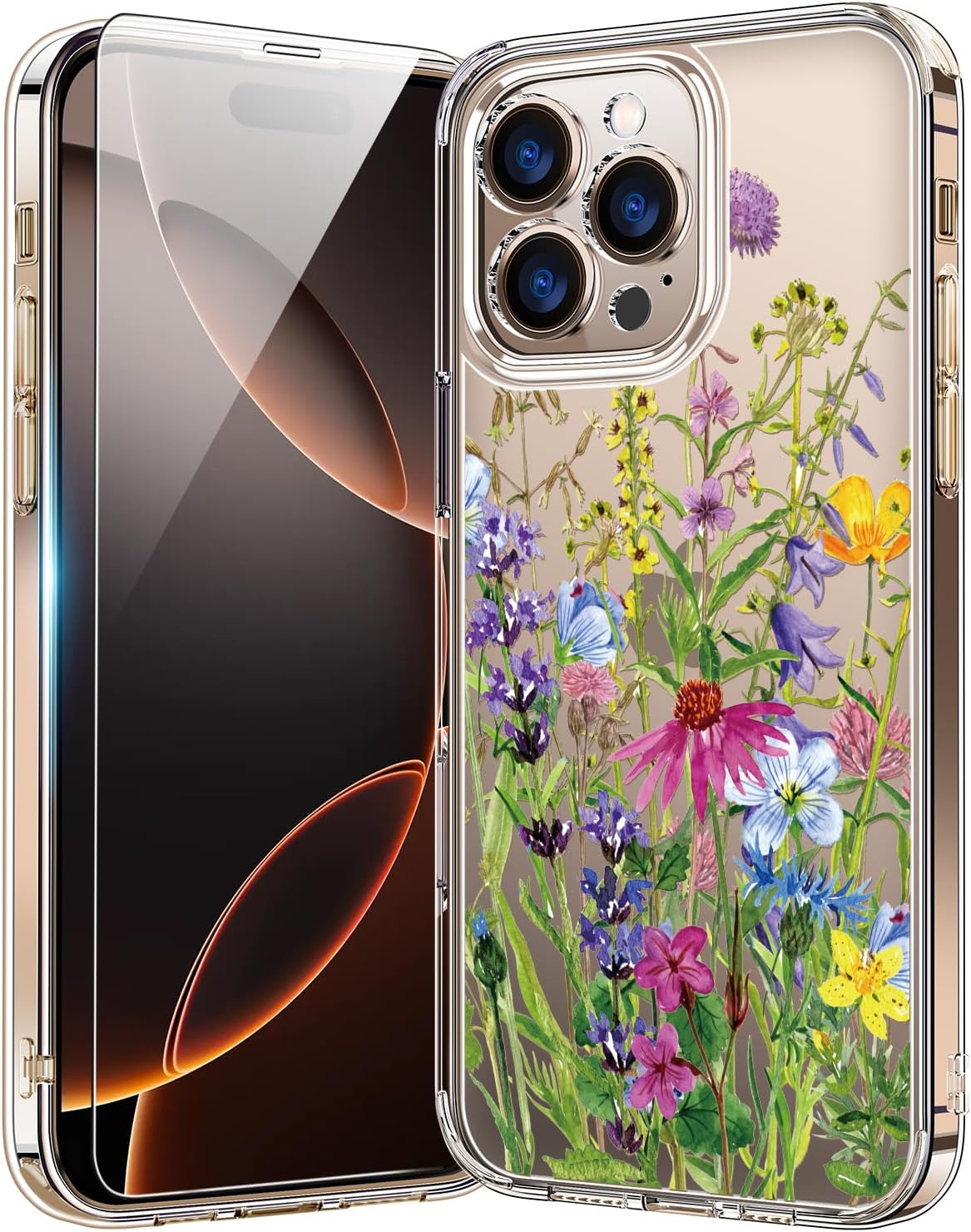 bicol for iPhone 16 Pro Case with Screen Protector, Enhanced Camera Protection, Crystal Acrylic Clear with Fashionable Designs for Girls Women, Slim Fit Protective Phone Cover, Blooming Flowers