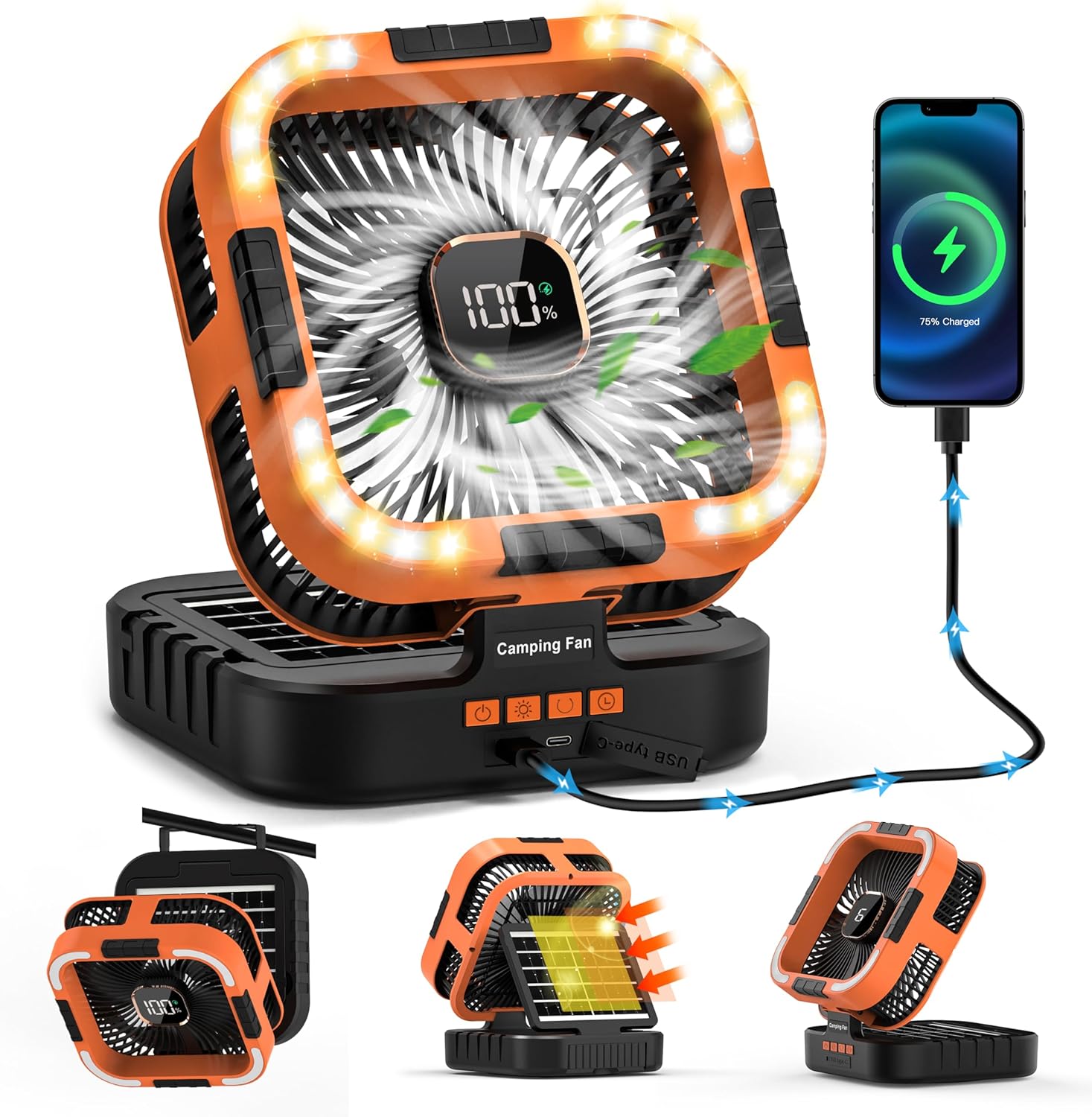 Solar Camping Fan Rechargeable 10000mAh Battery Operated Tent Fan with LED Lantern,120°Head Rotation, LED Screen,Timer, 6 Speed Solar Powered for Outdoor Travel Beach Home