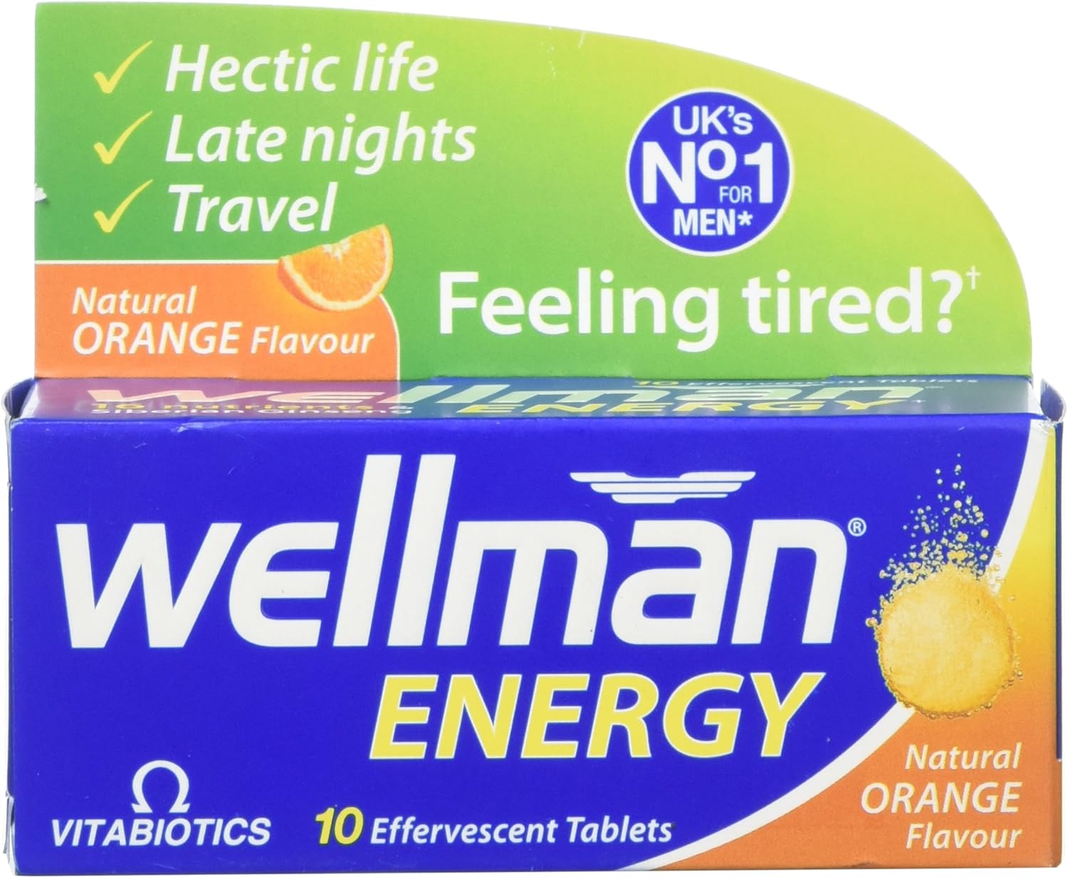 Wellman Energy Orange - 10 Dissolving, Multivitamins Effervescent Tablets for Man, Natural Orange Flavour, by Vitabiotics