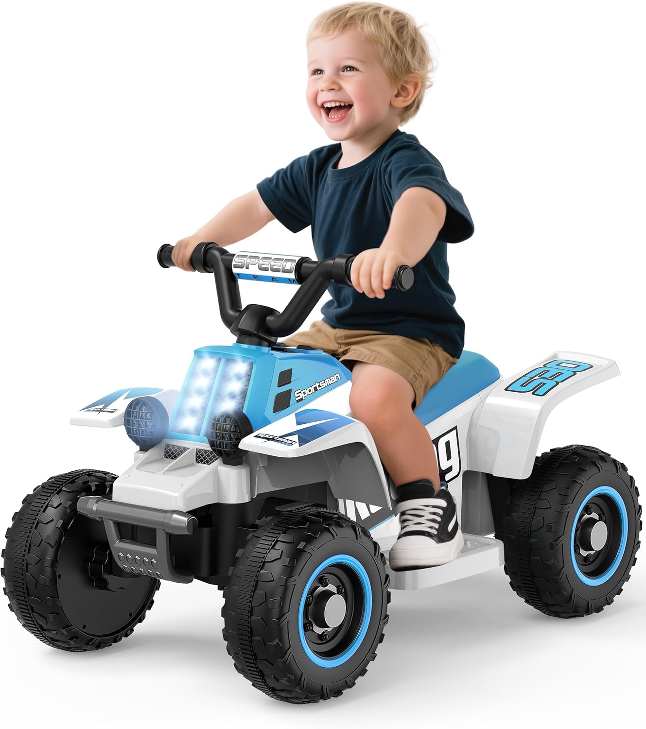 ANPABO 6V 7AH Kids ATV Ride On Toy, 4 Wheeler for Toddler w/Headlight, Forward & Reverse, Horn, Music Player, USB, MP3, Treaded Tires, Ideal Gift for Toddlers(Blue-White)
