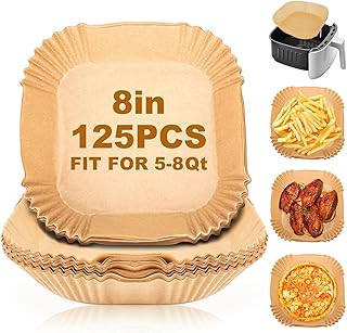 Air Fryer Disposable Paper Liners - 125Pcs 8In Square Parchment Paper Non-Stick Airfryer Basket Liners for Steamer Microwave Oven