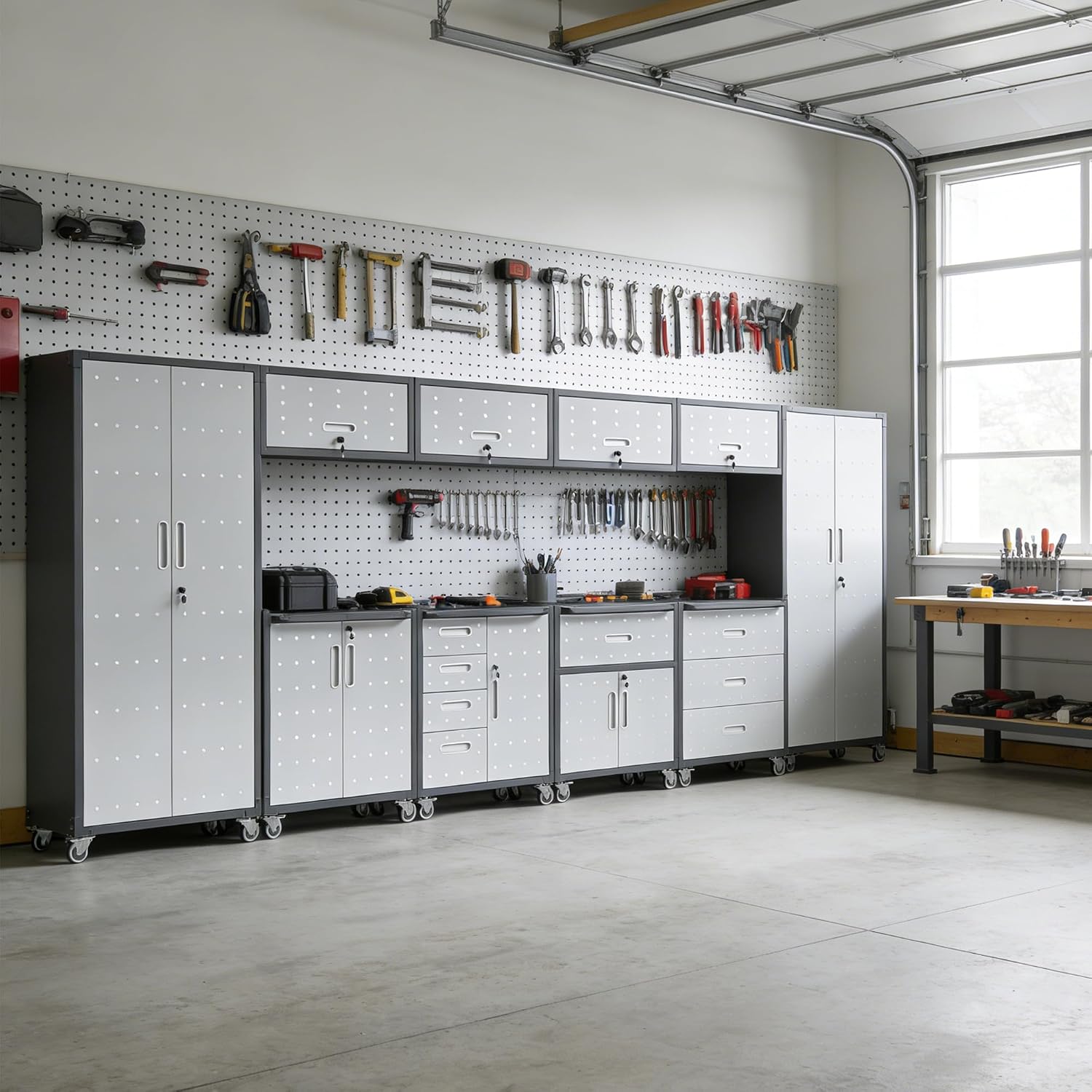 Garage Storage Cabinet System 10pcs Heavy Duty Workshop Set Steel Wall-Mount Cabinet Lockable Rolling Tool Cabinets with Adjustable Shelves Tall Metal Garage Storage Cabinets
