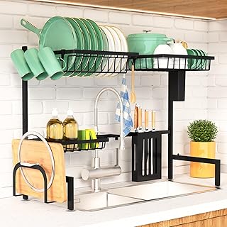 Kitsure Over The Sink Dish Drying Rack - 26.8" to 33.9"x21.5", Adjustable Sink Drying Rack for Kitchen Sink with Large Capacity, 2-Tier Dish Rack Over Sink with Multifunctional Baskets,Black