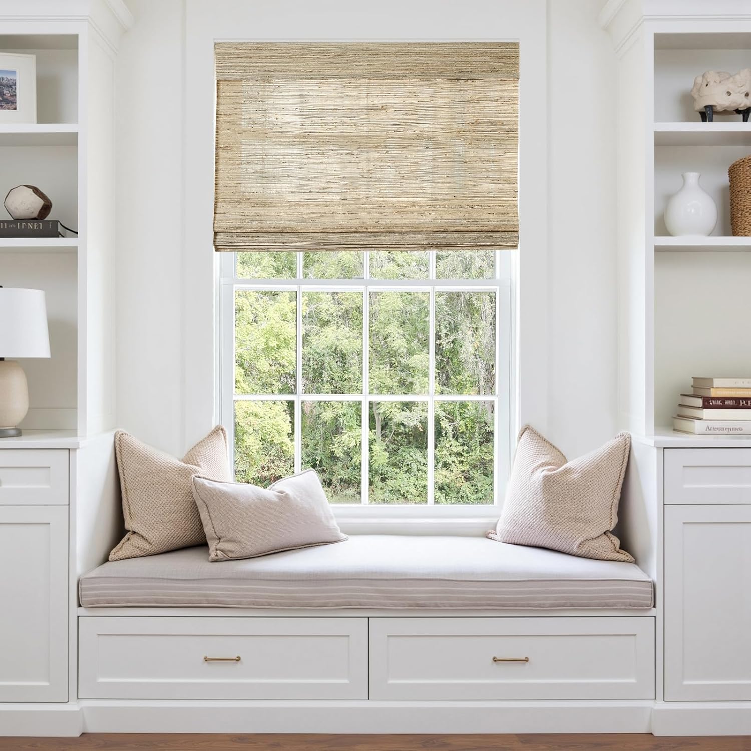 TWOPAGES Cordless Roman Shade, Light Filtering Woven Bamboo Blinds for Windows, Custom Natural 100% Ramie Roman Shade for Indoor Windows, Beige