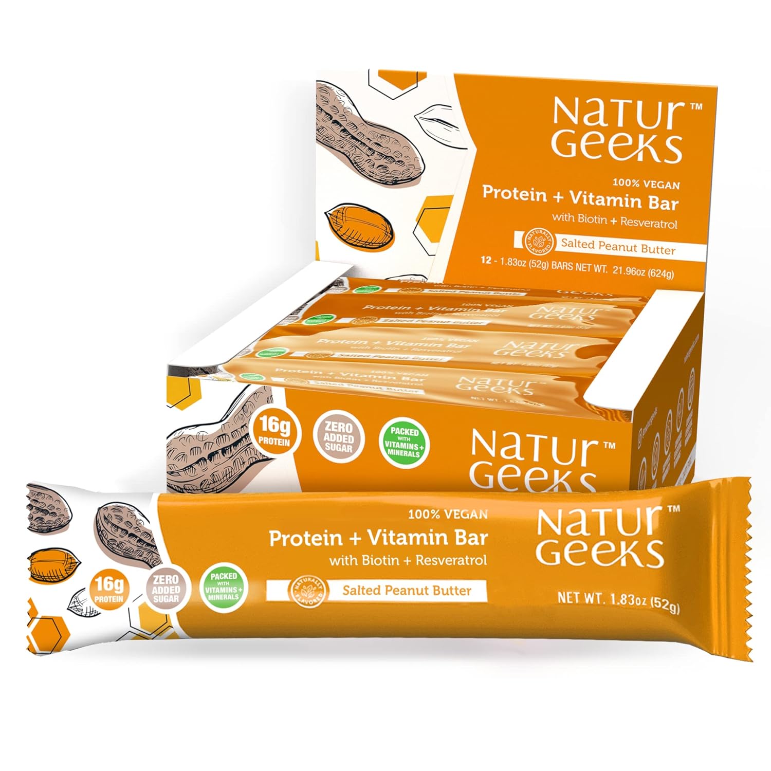 NaturGeeks 12 Pack of 15g Plant Based Protein Bars with 11 Vitamins, 19g Fiber, Gluten Free, Dairy Free, No Added Sugar, Peanut Butter Flavor, Magnesium & Zinc for Immune Support