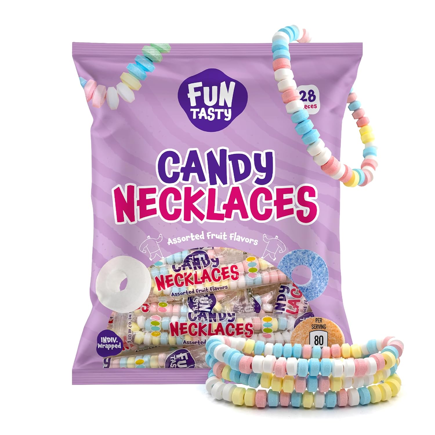 Funtasty Candy Necklaces - 21 Ounce Bag (28 Count) - Party Favors - Fruit Flavors - Individually Wrapped - Stretchable
