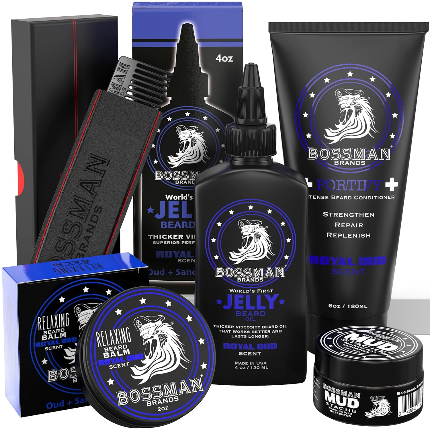 Bossman Complete Beard Kit – Men's Beard Oil Jelly, Fortifying Shower Conditioner, Balm, Mustache Wax & Comb – Beard Softener & Grooming Care (Royal Oud Scent)