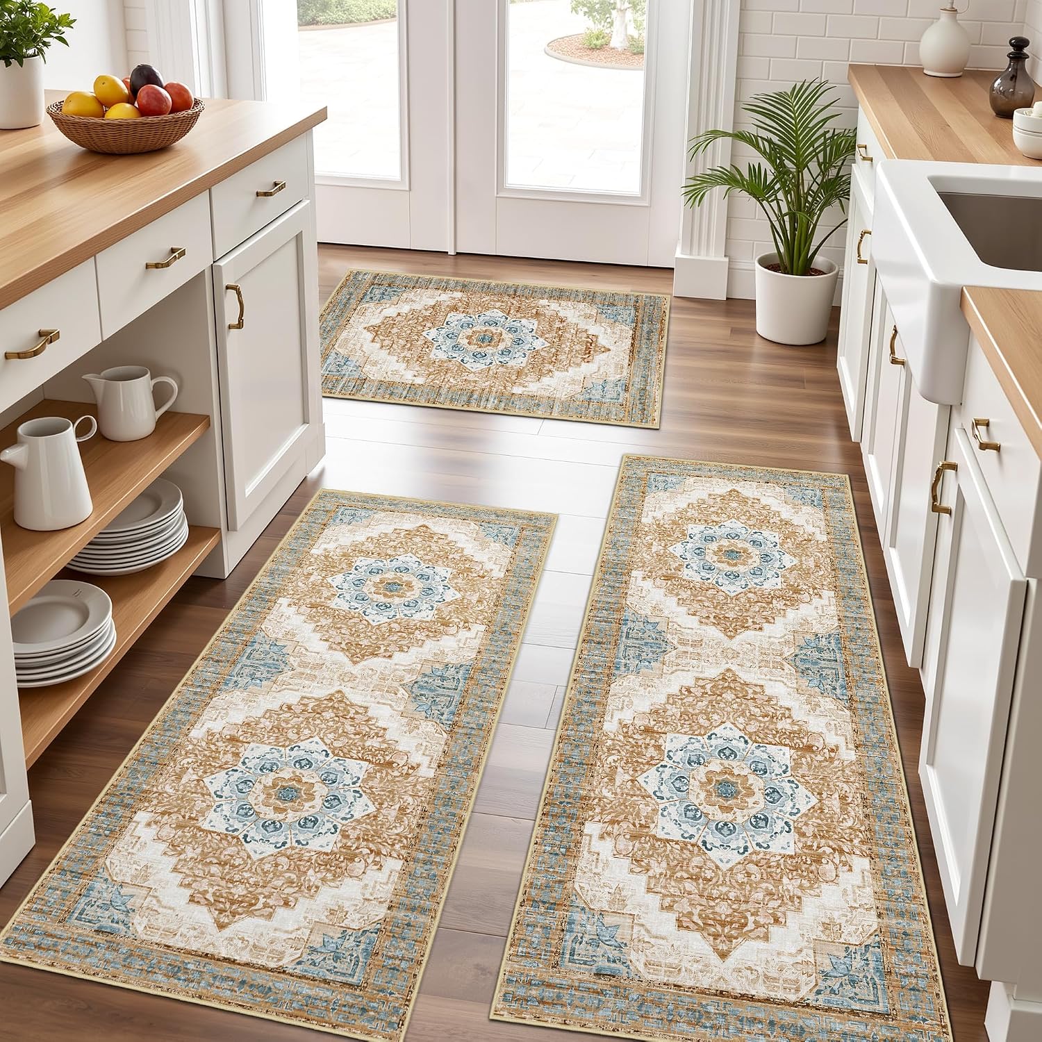 Kitchen Rugs Sets of 3 100% Non Slip Washable Kitchen Mats for Floor, Tan