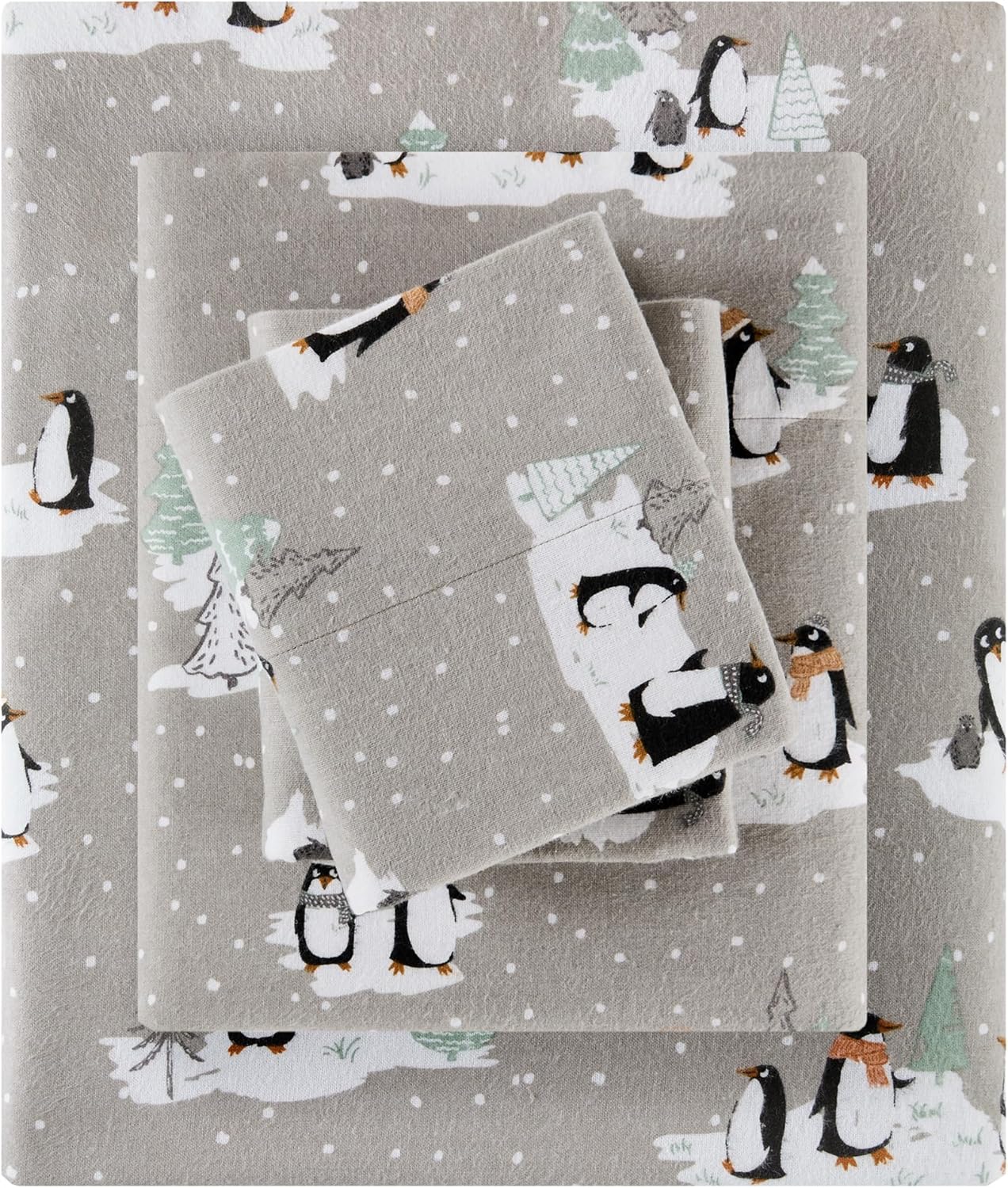Sleep Philosophy True North Cozy Flannel Warm 100% Cotton Sheet - Novelty Print Animals Stars Cute Ultra Soft Cold Weather Bedding Set, Full, Grey Penguins 4 Piece