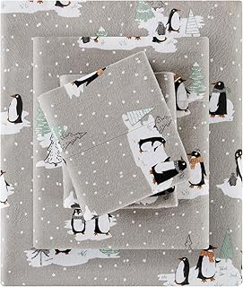 Sleep Philosophy True North Cozy Flannel Warm 100% Cotton Sheet - Novelty Print Animals Stars Cute Ultra Soft Cold Weather Bedding Set, Full, Grey Penguins 4 Piece