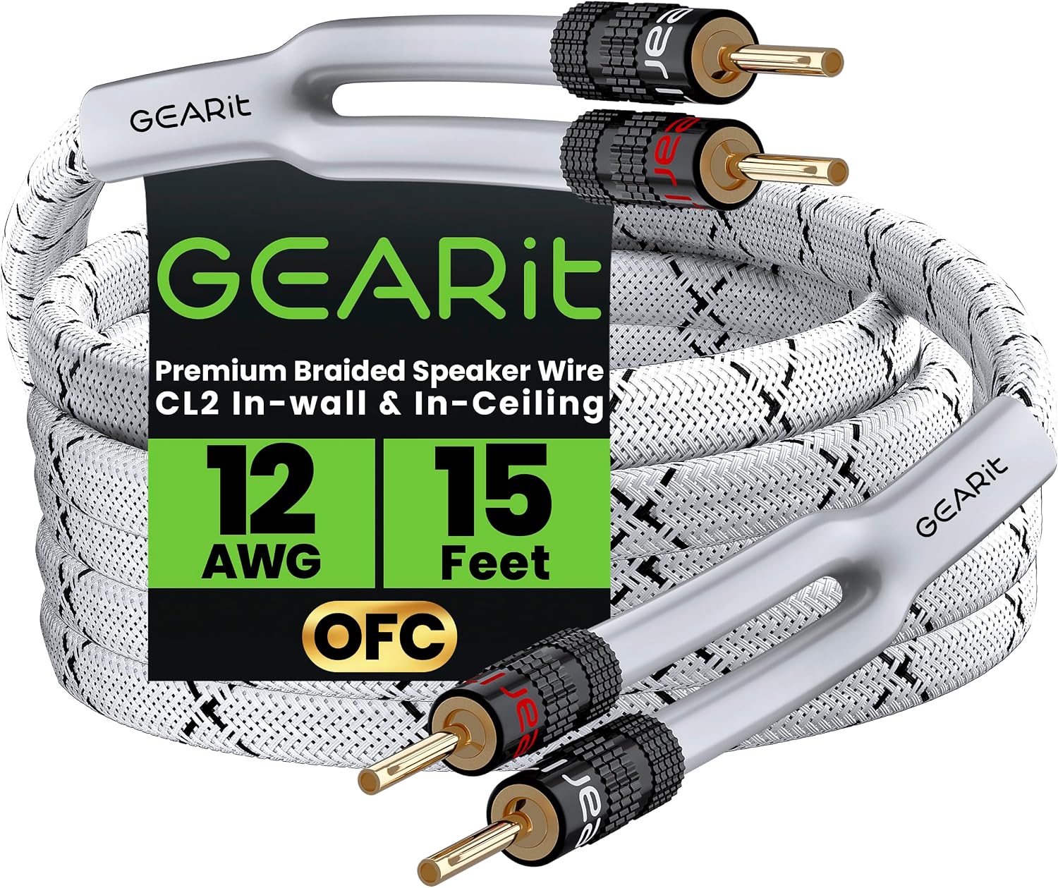 GEARit 12 Gauge Speaker Wire Banana Plugs CL2 Rated in-Wall 15 Feet White