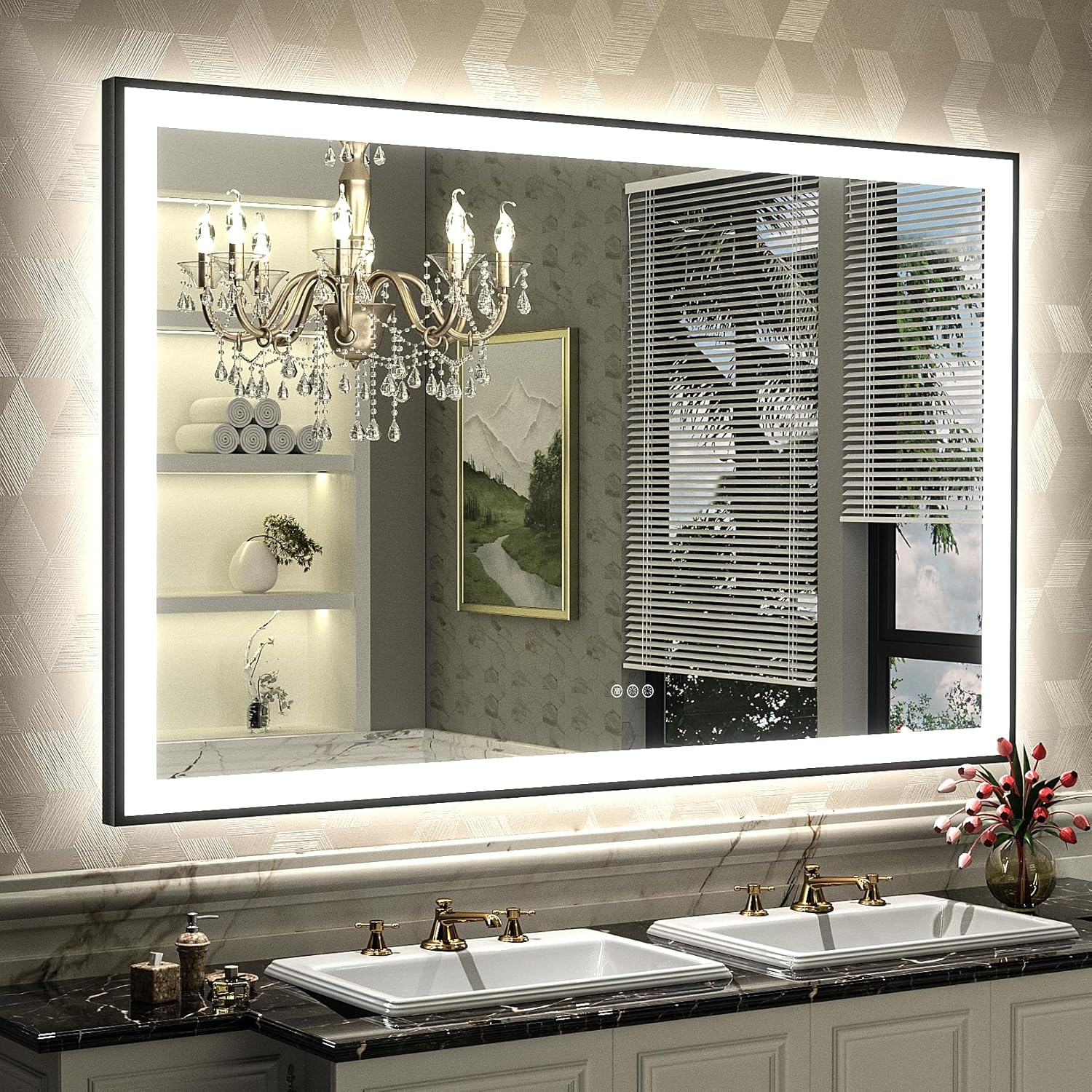 50x40 Framed LED Bathroom Mirror, Large Dimmable Vanity Mirror with Lights, Anti-Fog, Memory, Shatterproof, Independent Backlit and Front Lighted, ETL Listed