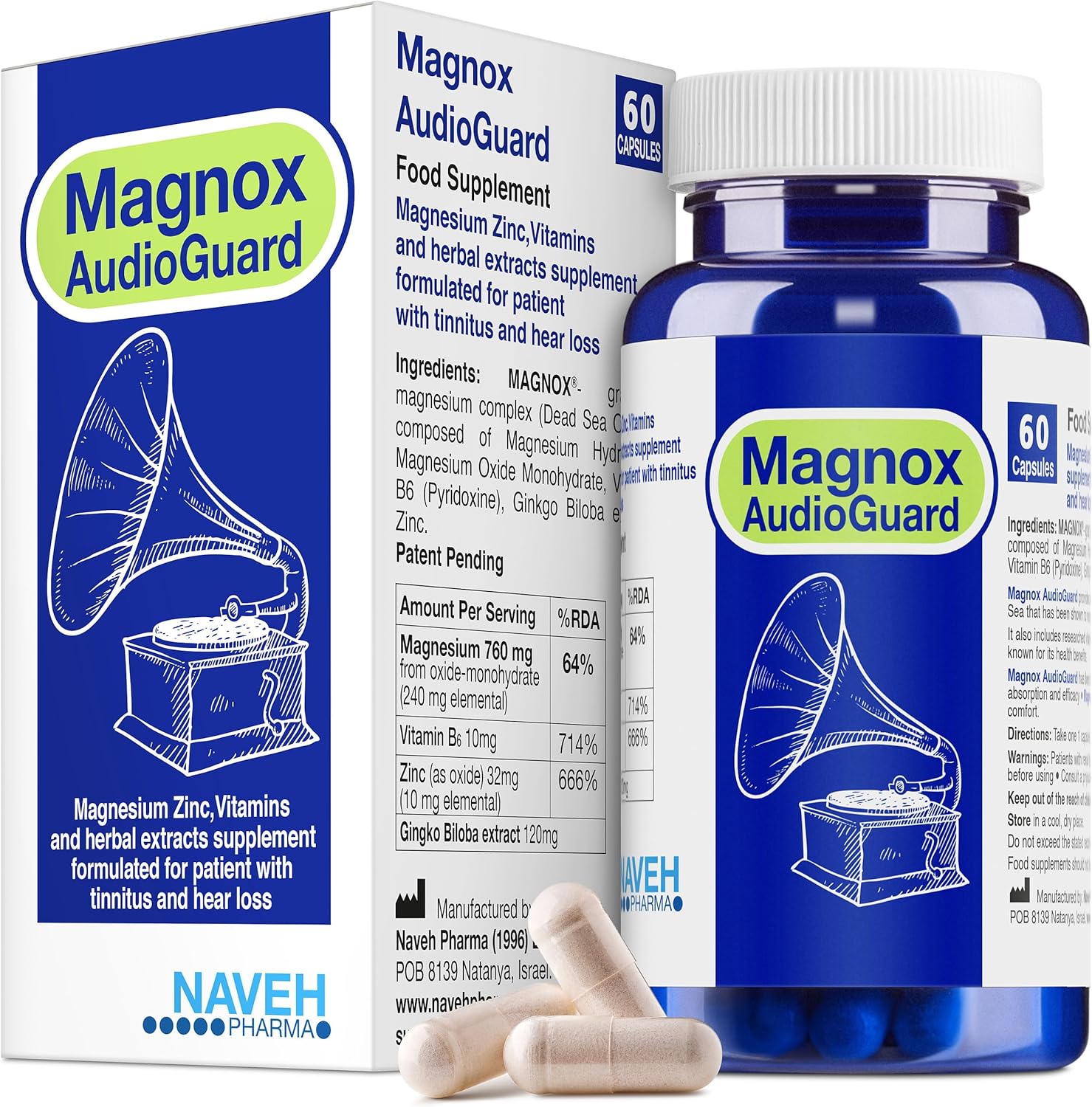 MAGNOX® AudioGuard Magnesium Supplement for Tinnitus Treatment | Tinnitus Relief for Ringing Ears | Natural Magnesium Complex | Dead Sea Minerals | High Absorption Magnesium | 60 Capsules