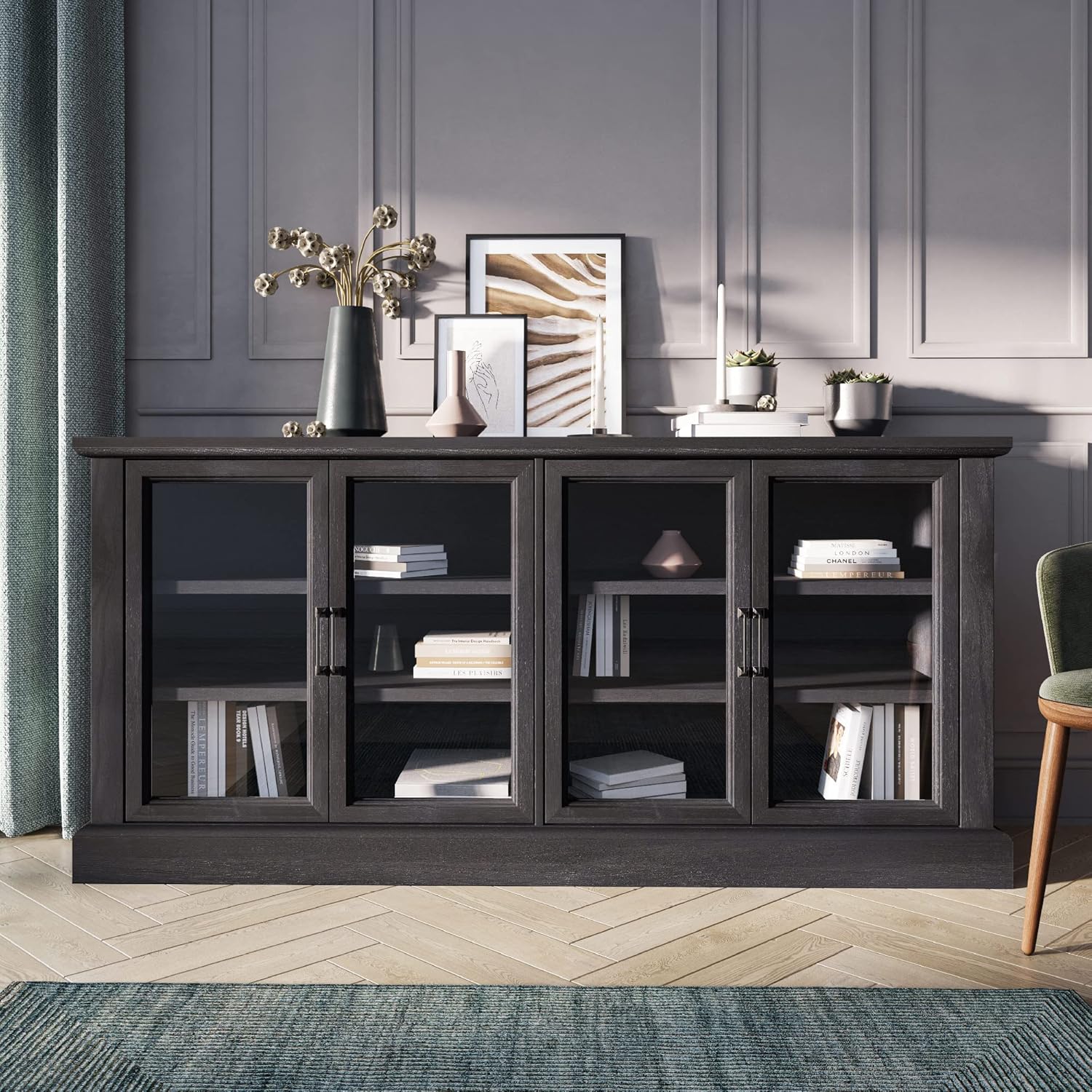 BELLEZE 70 Inch Sideboard Buffet Cabinet, Entertainment Center with Storage, Glass Display Cabinet with Adjustable Shelves Console Table Storage Cabinet for Living Room, Dining Room, Rustic Gray