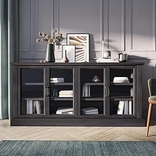BELLEZE 70 Inch Sideboard Buffet Cabinet, Entertainment Center with Storage, Glass Display Cabinet with Adjustable Shelves Console Table Storage Cabinet for Living Room, Dining Room, Rustic Gray