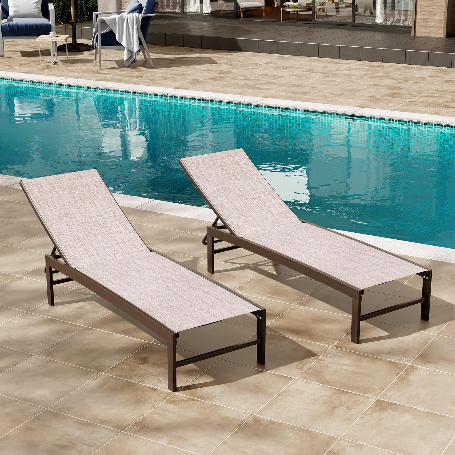 Crestlive Products Aluminum Adjustable Chaise Lounge Chair Outdoor Five-Position Recliner, Curved Design, All Weather for Patio, Beach, Yard, Pool (2PCS Beige)