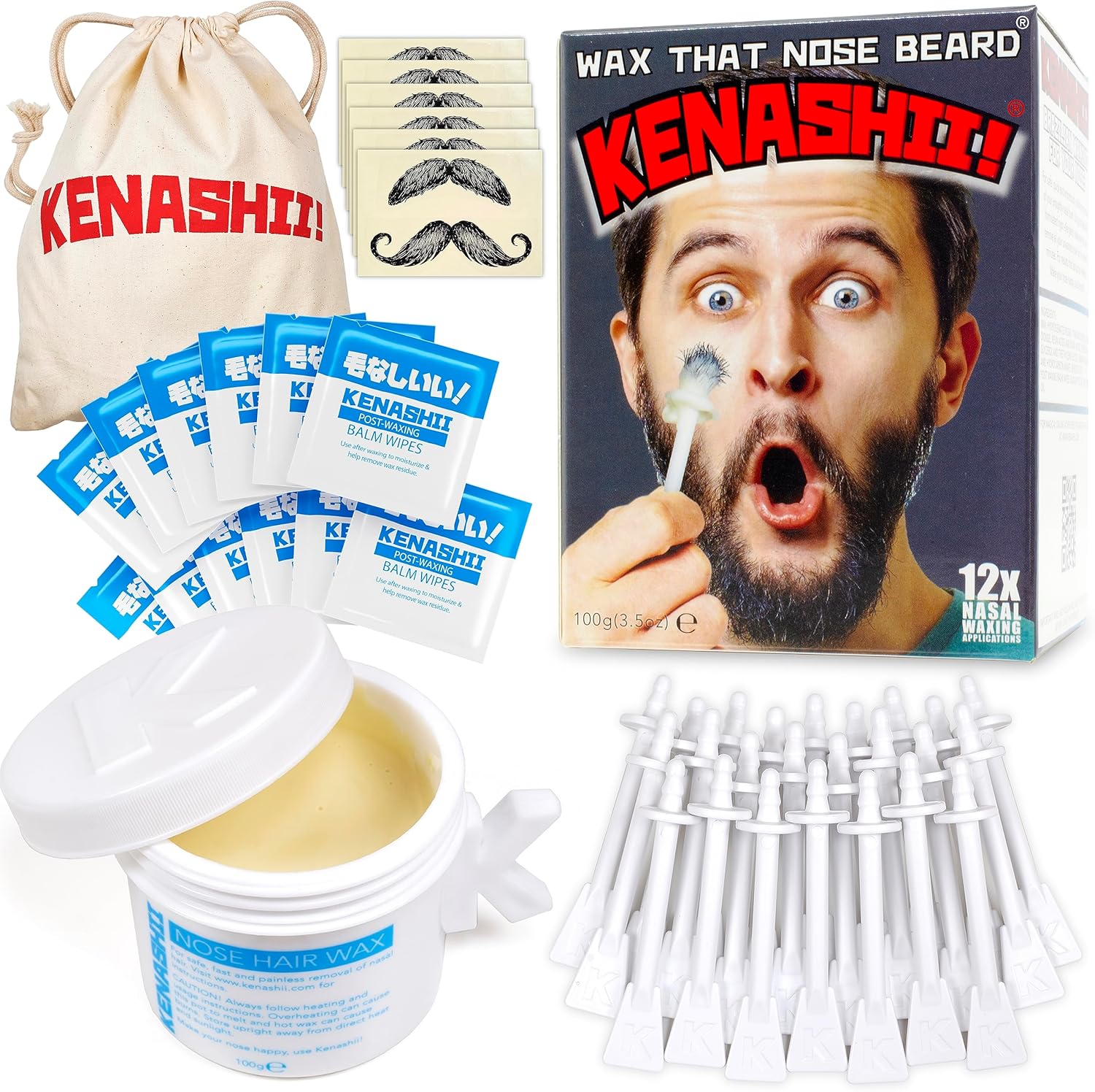 Nose Wax Kit | 100 g Wax, 24 Applicators | The Original and Best Nose and Ear Hair Removal Kit from Kenashii | Nasal Waxing For Men and Women | 12 Applications | 12 Balm Wipes | 12 Mustache Guards