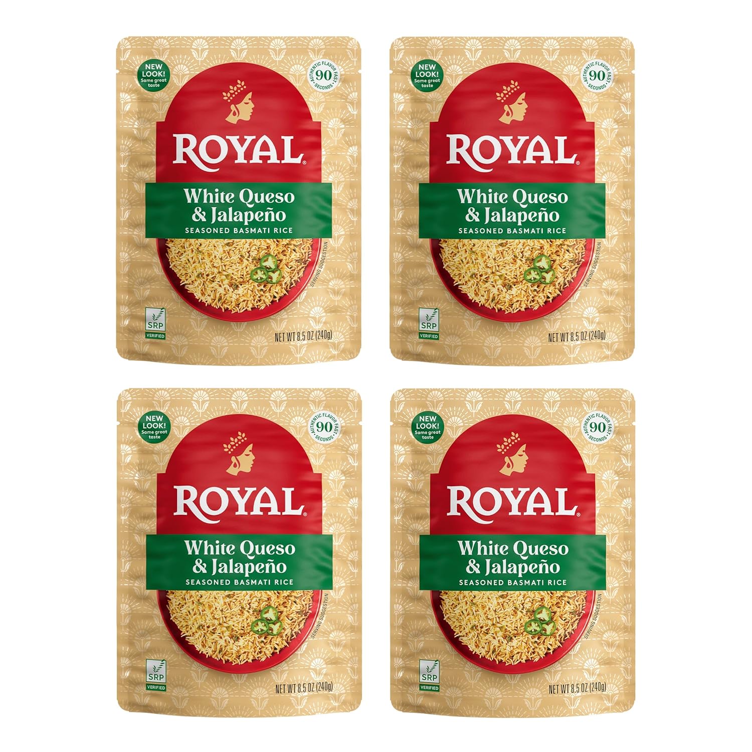 Royal White Queso & Jalapeno Basmati Rice - Ready to Heat Basmati Rice - (4 Pack) 8.5 oz Microwaveable Pouch