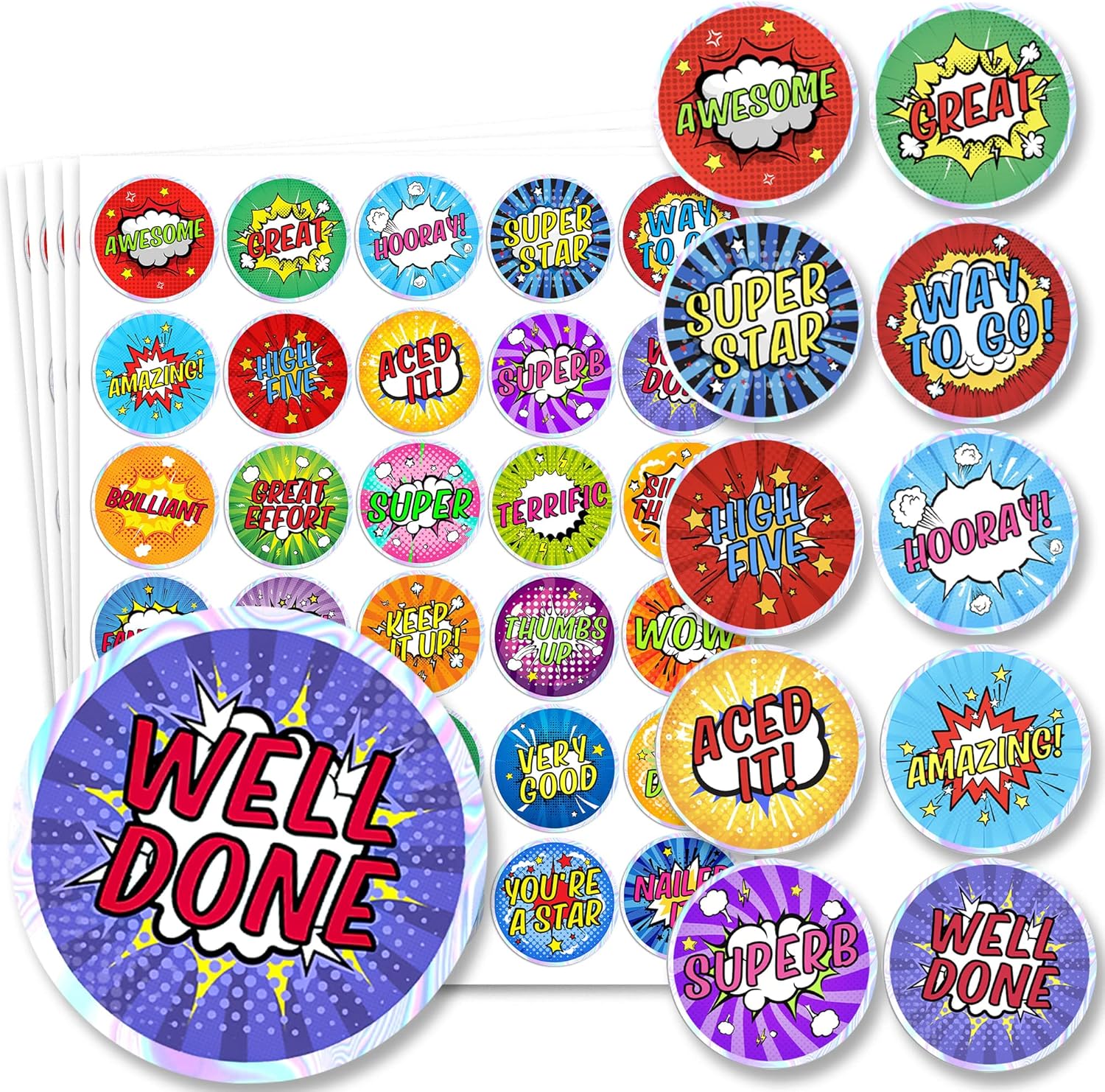 510 Reward Stickers for Children - Well Done Teacher Stickers with 30 Designs Shiny Holographic Edge, Praise Homework, Potty Toilet Training & Behaviour (Comic)