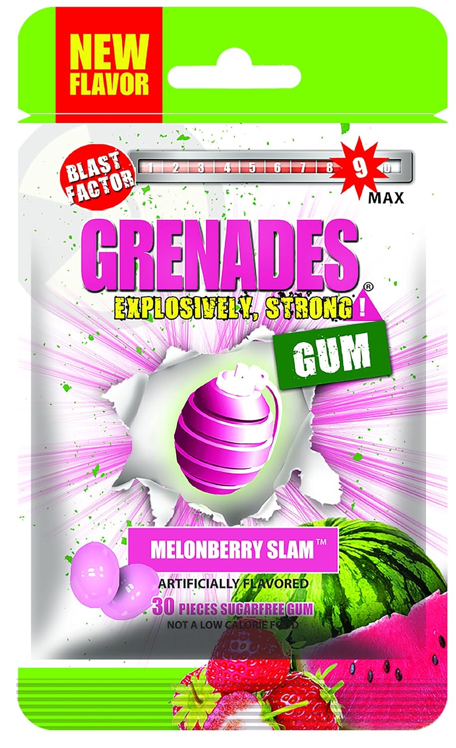 Grenades Gum - 30ct Bag - STRONG MINT GUM (Melonberry Slam) - Ultimate Fresh Breath & Serious Sinus Busting Power