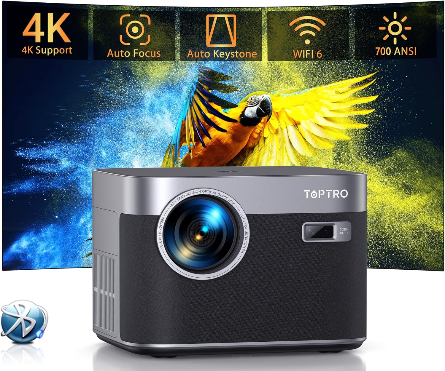 [Auto Focus/Keystone] Smart Projector with WiFi and Bluetooth,1080P Projector, 50% Zoom Home Movie Projector, TOPTRO Outdoor Projector for iOS/Android/TV Stick, Second-hand