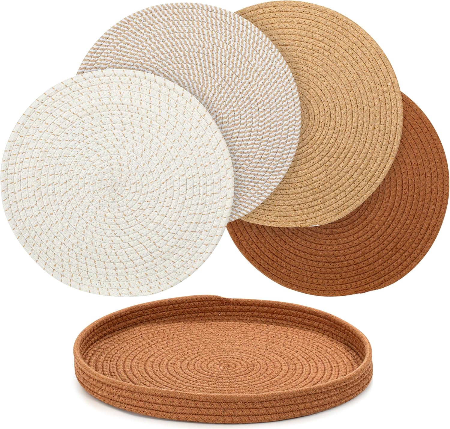 15 Inch Round Woven Boho Placemats Set of 4 with Storage Basket - Heat Resistant, Non-Slip Farmhouse and Modern Styles Outdoor Table Decor for Dining Room Accessories