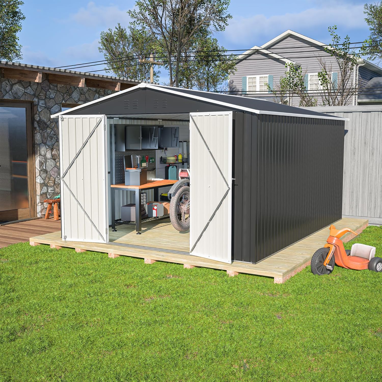 10x12 FT Outdoor Storage Shed with Lockable Double Doors, Aluminum Frame, Weatherproof, Metal Tool Storage Shed for Garden, Backyard, Patio, and Equipment Storage