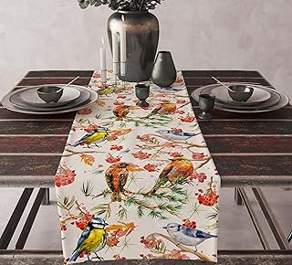Vintage Birds Decor Table Runner Colorful Vintage Birds Branches Floral Boho Printed Linen Tabletop Collection Kitchen Table Party Wedding Holiday Table Runner13x36in