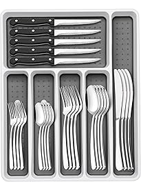 49-Piece Silverware Set with Organizer, Heavy Duty Stainless Steel Flatware for 8, Cutlery Utensil Sets with Steak Knives, Rust-proof, Mirror Polished, Dishwasher Safe