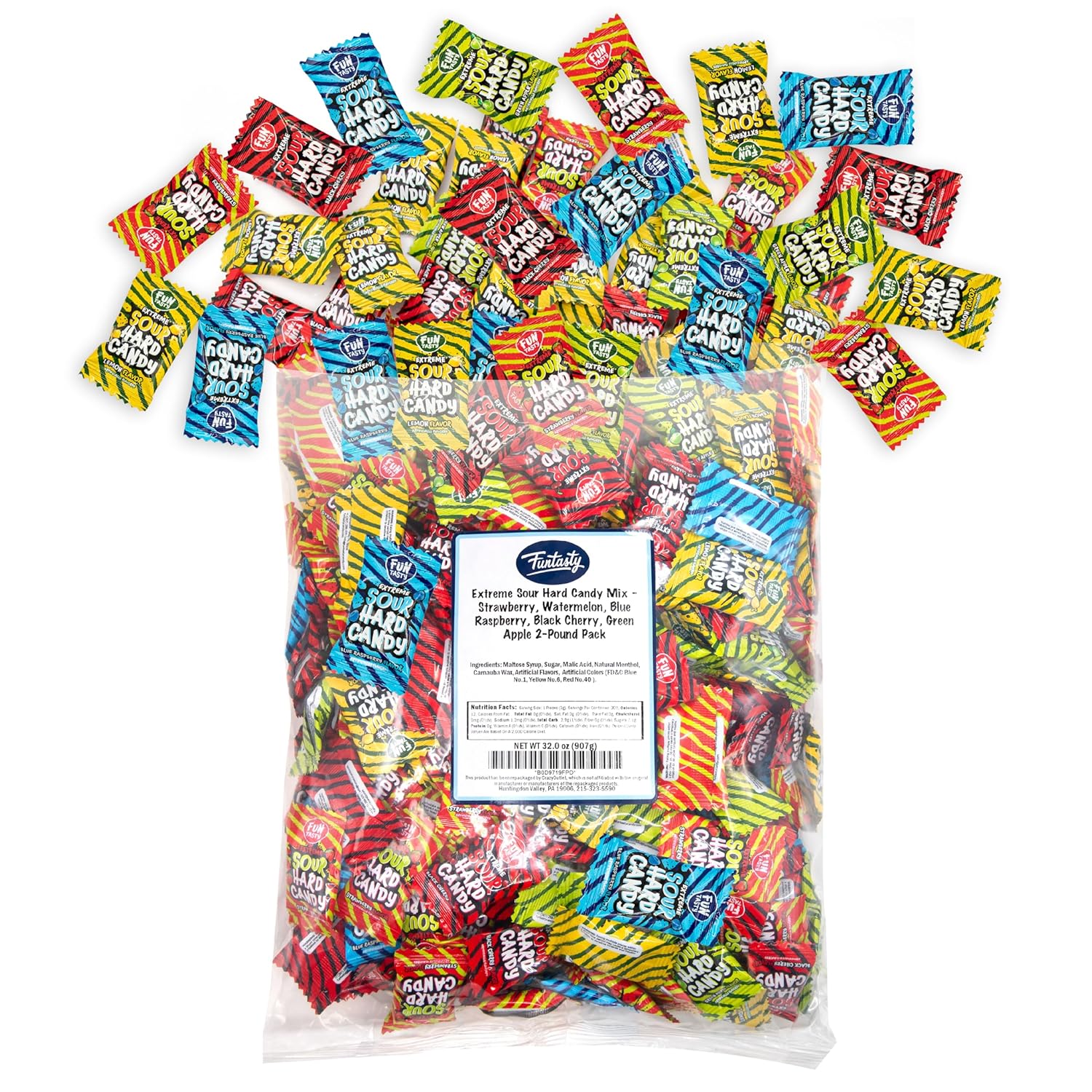 Sour Hard Candy Mix - 2 Pound Bulk Pack - Assorted Fruit Flavors Halloween Candies - Strawberry, Blue Raspberry, Cherry, Lemon, Apple - Sour Candy by Funtasty