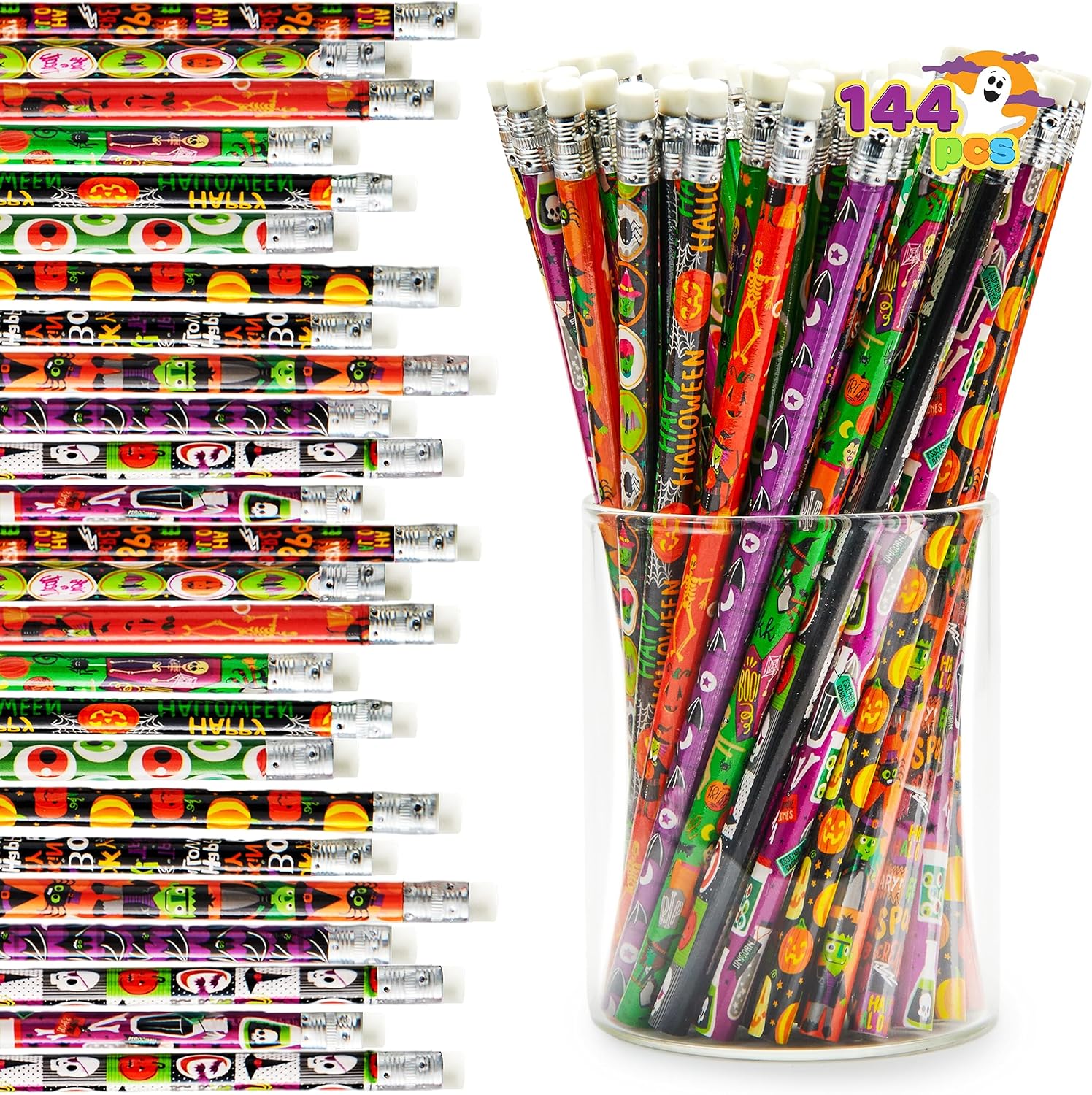 JOYIN 144 PCS Halloween Pencils with Eraser, 12 Designs Halloween Stationery Set for Kids Gifts Prizes, Wooden Drawing Pencils, Classroom Party Favor Supplies, Trick or Treat Goodies Bags Fillers