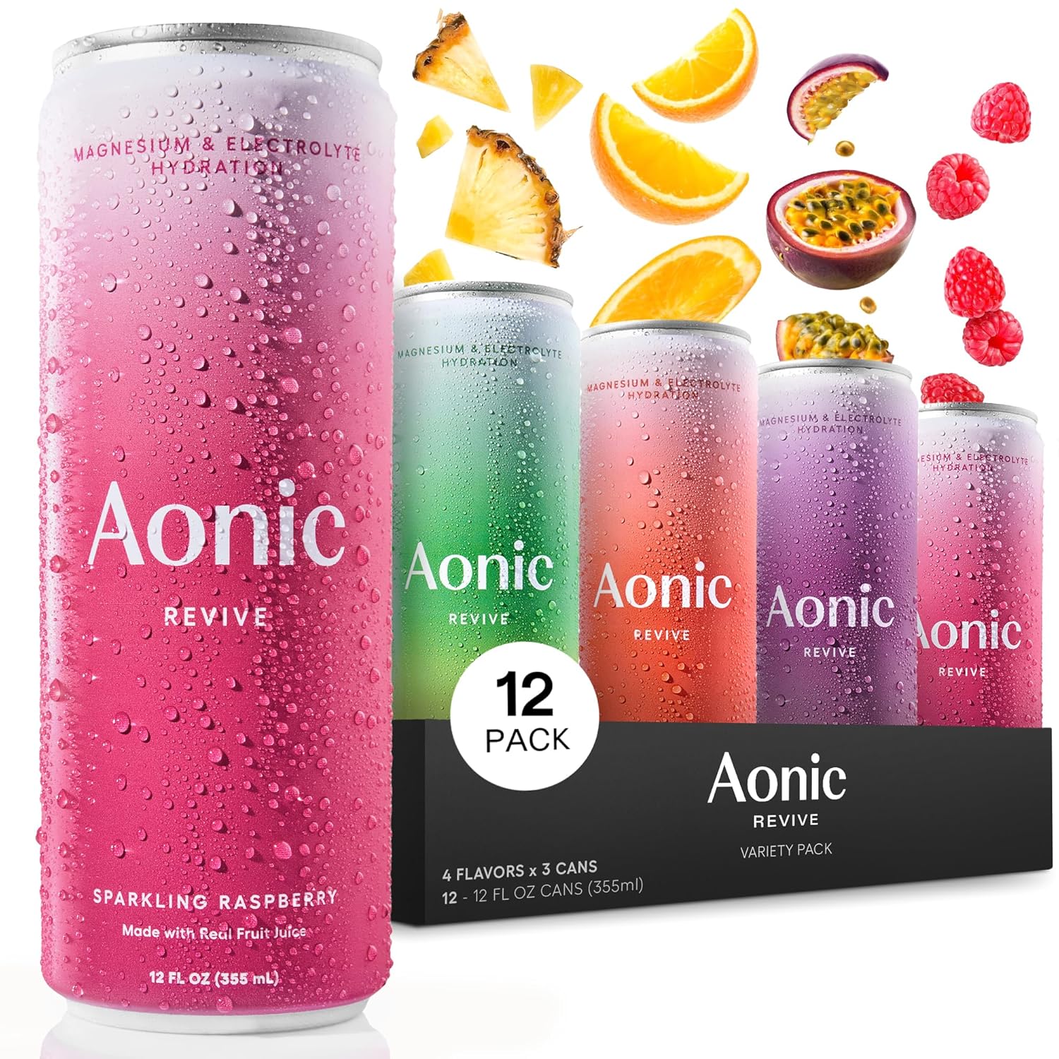 Aonic Revive Electrolyte Drink for Hydration & Recovery, No Added Sugar, Caffeine-Free with Magnesium,B Vitamins Naturally Flavored- 12 Fl Oz Cans (12-Pack), Variety - Pineapple, Raspberry, Orange & Passionfruit