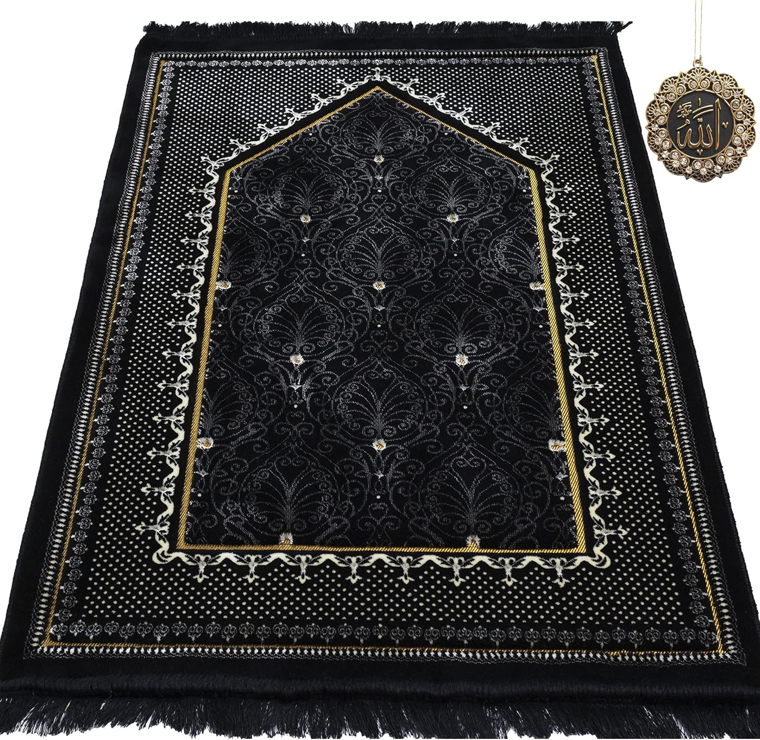Modefa Turkish Islamic Velvet Prayer Rug - Thick & Wide Soft Carpet for Men & Women - Large Muslim Salah Mat - Ramadan & Eid Gift - with Car Hanger - Double Plush Topkapi (Black)