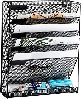 EASEPRES Desk File Organizer Mesh 5-Tier, Hanging Wall Mount Document Organization Stand, Desktop Vertical Mail Paper Folder Holder Rack with Bottom Tray for Office Home Cubicle Countertop, Black