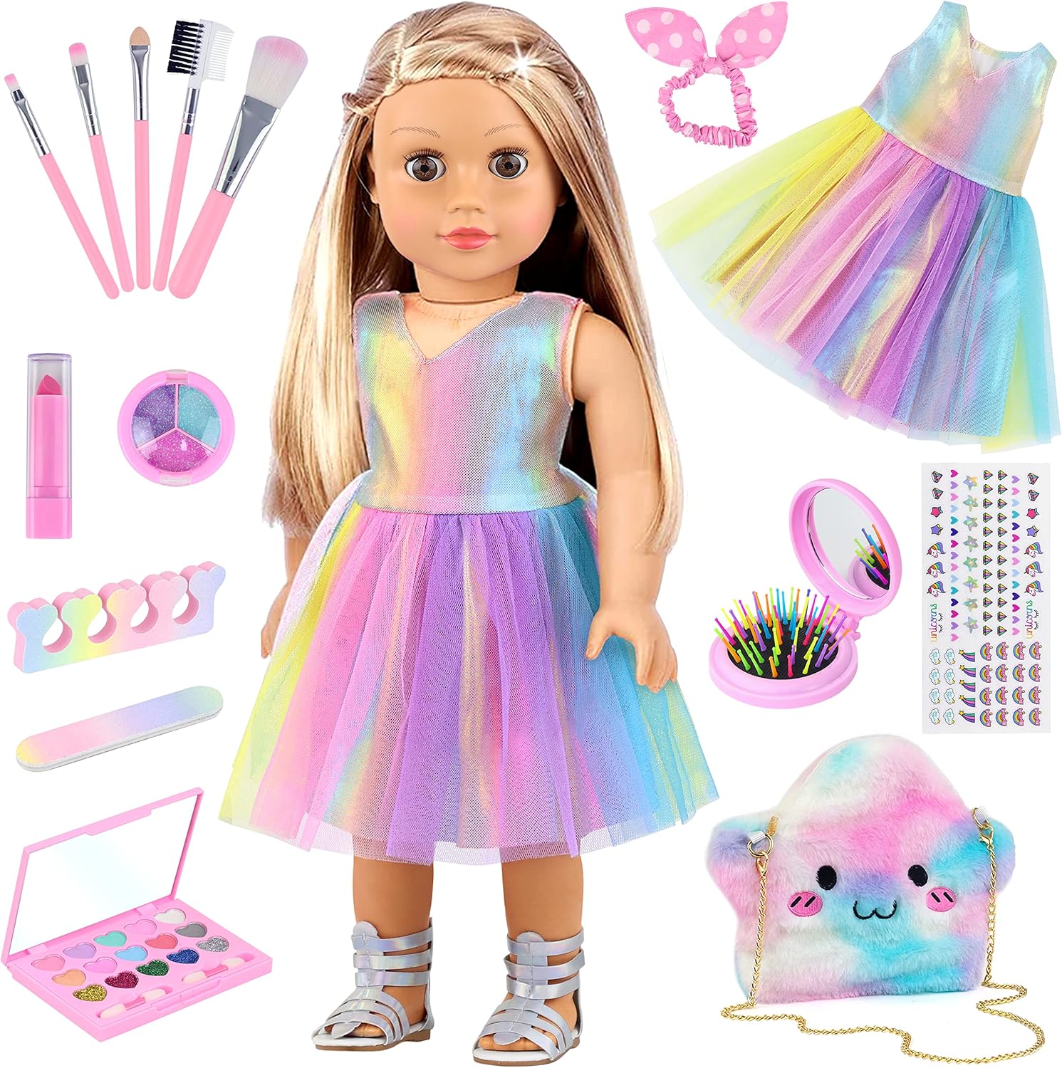 UNICORN ELEMENT 15 Pcs 18 Inch Doll Accessories - Dress with Makeup Set for Generation Dolls - Clothes and Accessories (Doll NOT Included)
