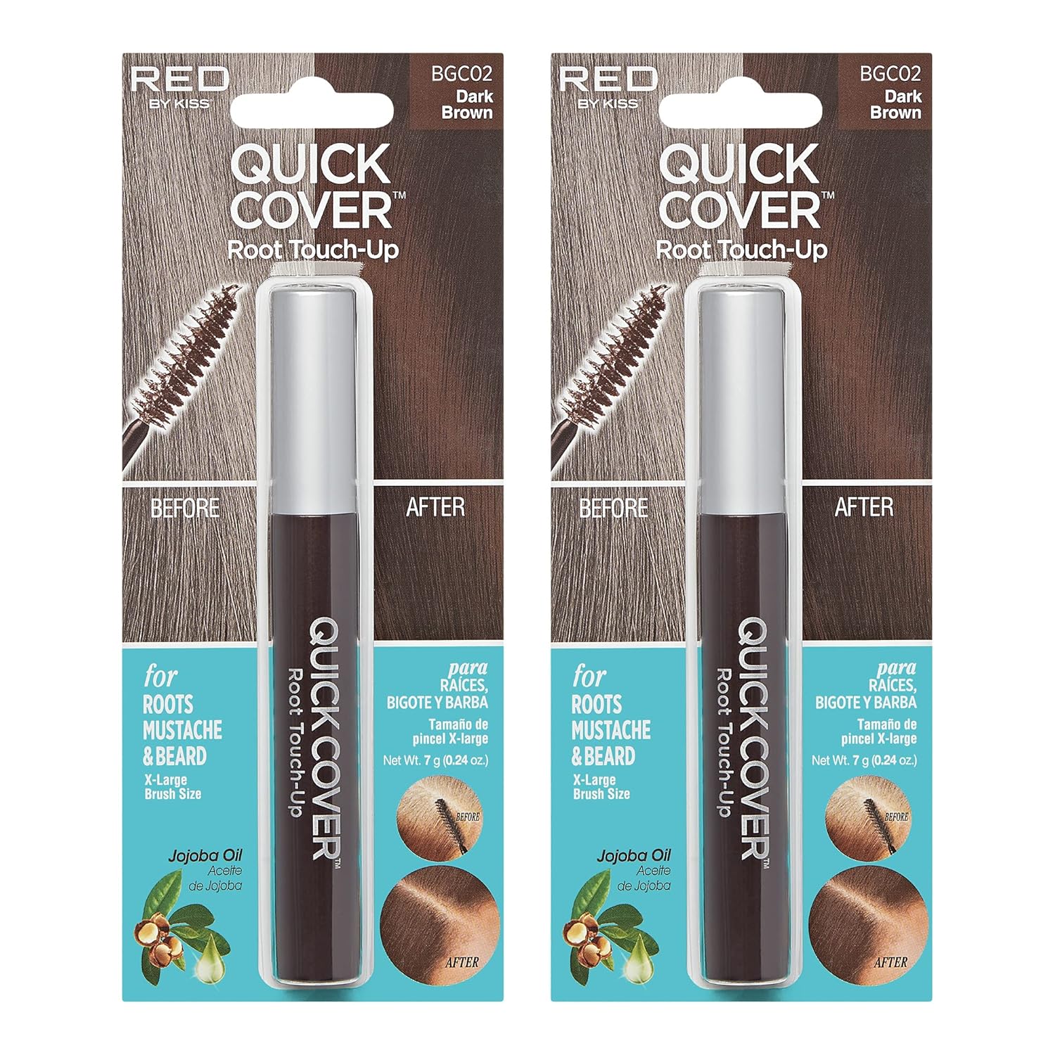 RED by KISS Quick Cover Root Touch Up Rescue (Dark Brown 2 Pack), Mascara Natural Water-Resistant Temporary Gray Concealer Cover Up Brush for Hair Mustache & Beard, Formulated with Jojoba Oil