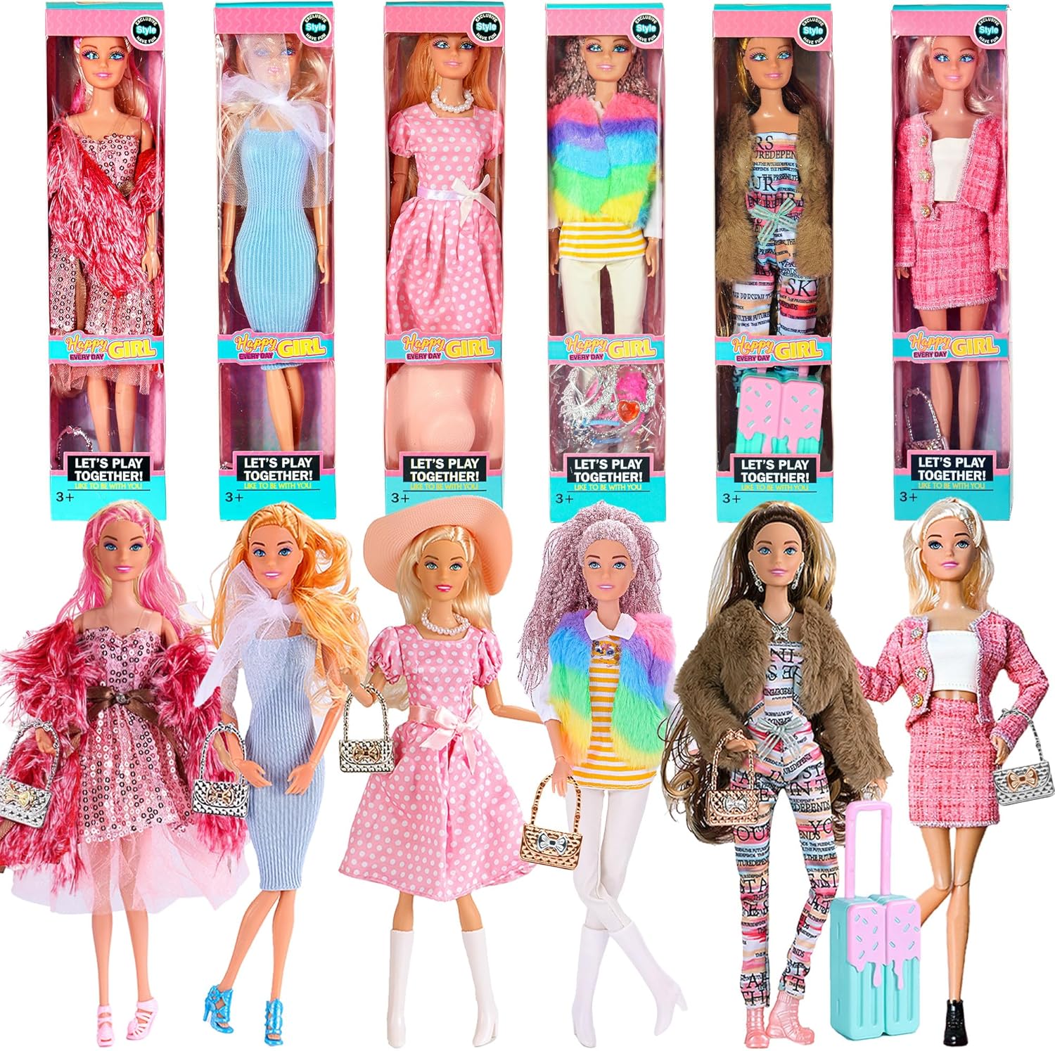 6 Pack Fashion 11.5 inch American Toy Prinecess Dolls Playset with Outfits Dress Design and Accessories Like Handbag Hat Crown Necklace Suitcase (Gift Box Package)