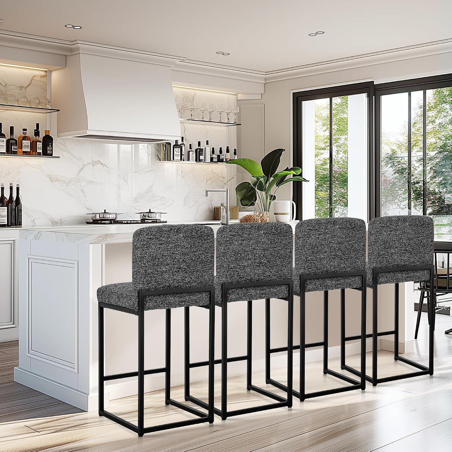 MAISON ARTS Bar Stools Set of 4, 24 Inch Counter Height Barstools with Back, Modern Upholstered Chenille Fabric Bar Chairs for Kitchen Island & Home Bar, Metal Steel Frame, Speckled Black & White