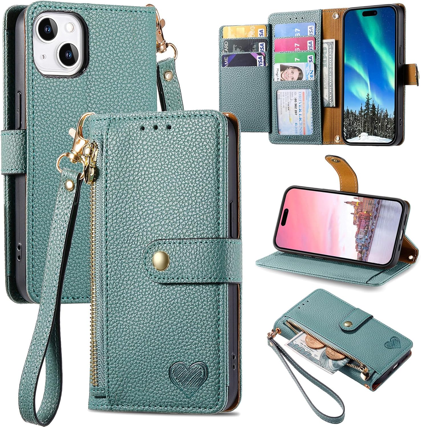 VEEMOS Zipper Wallet Case for Apple iPhone 14 Plus Phone Case with Purse Card Holders RFID Blocking Leather Flip Case Book Cover Wrist Strap Women - Green