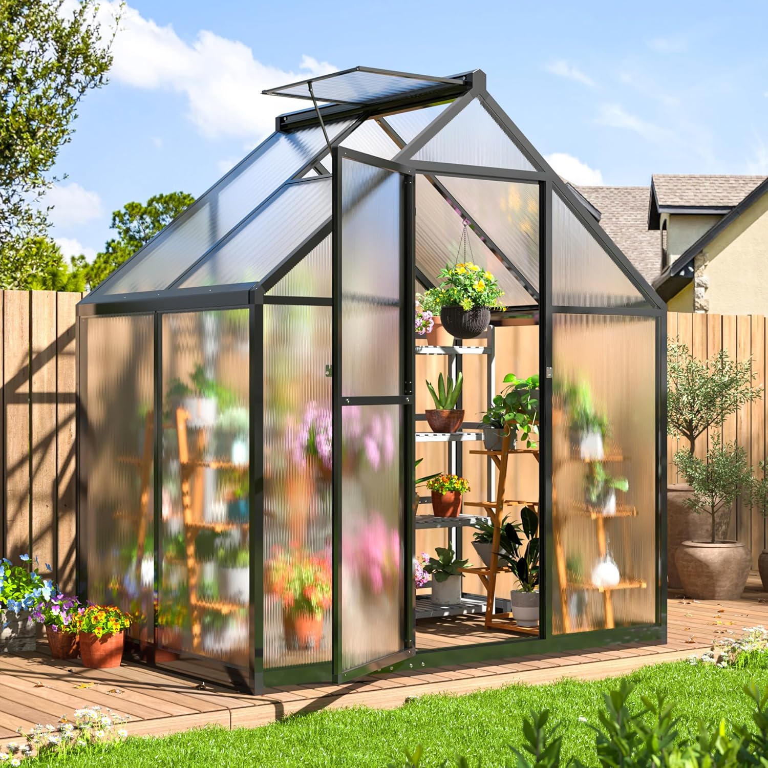 4x6 FT Greenhouse for Outdoors, Polycarbonate Greenhouse with Quick Setup Structure and Roof Vent, Aluminum Large Walk-in Green House for Outside Garden Backyard, Black