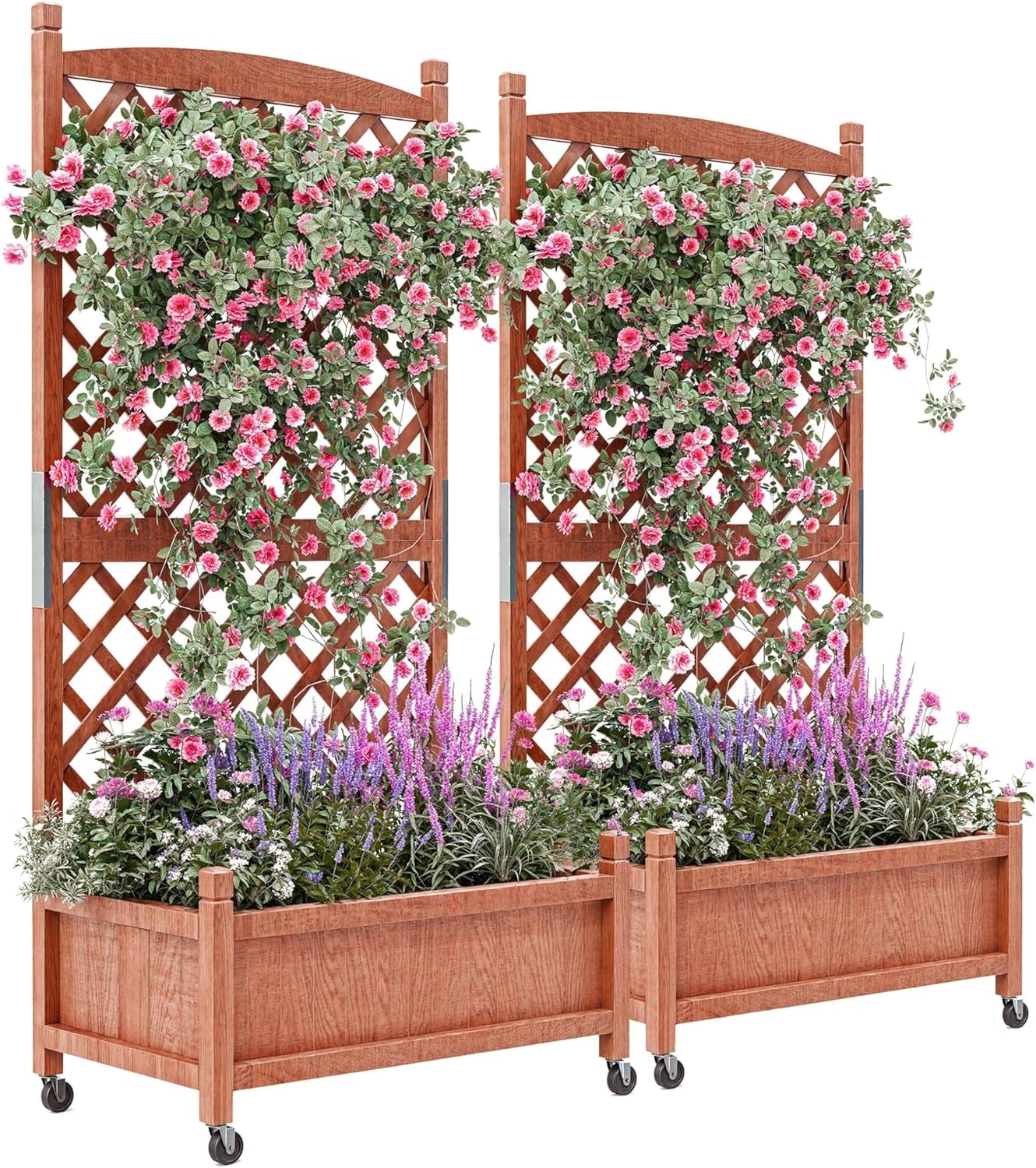 Wooden Raised Planter Box with Trellis and Wheels, 75x33x150Cm Privacy Screen Planter for Patio Garden