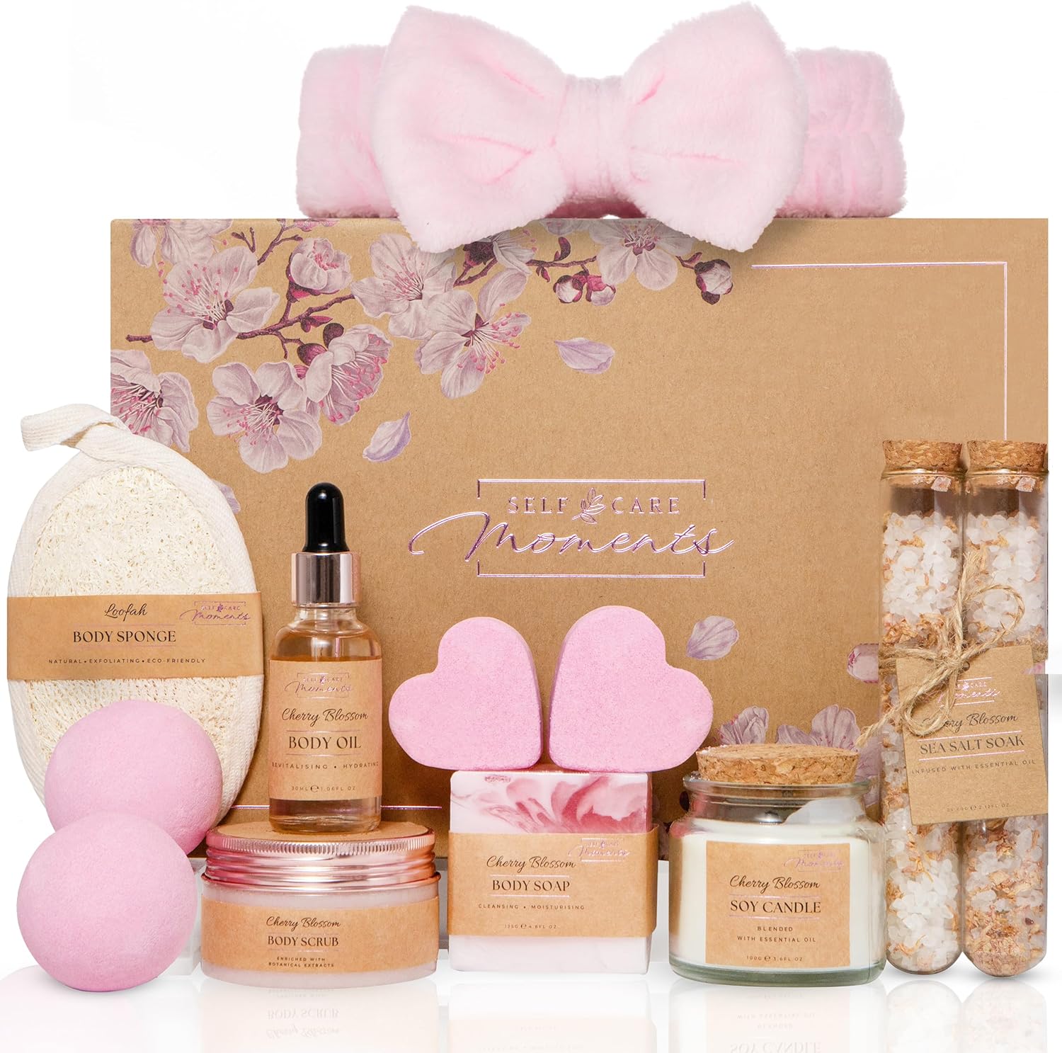 Self Care Moments Luxury Spa Pamper Hamper Kit for Her - 12 Pamper Gifts for Women with Cherry Blossom - Bath Spa Sets for Mum - Relaxation Birthday Gifts for Women - Self Care Mothers Day Gifts
